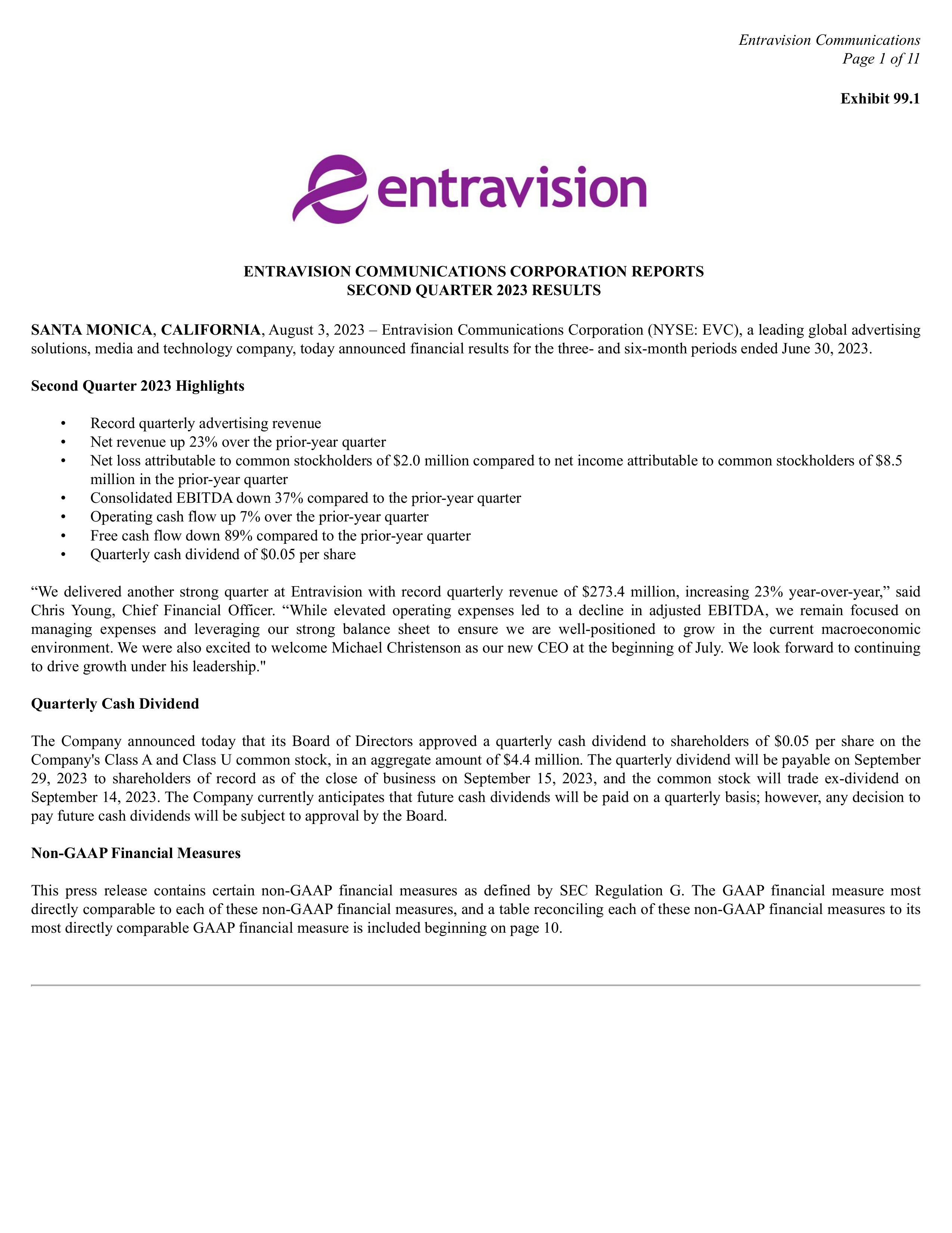Entravision Communications' Q2 2023 Press Release