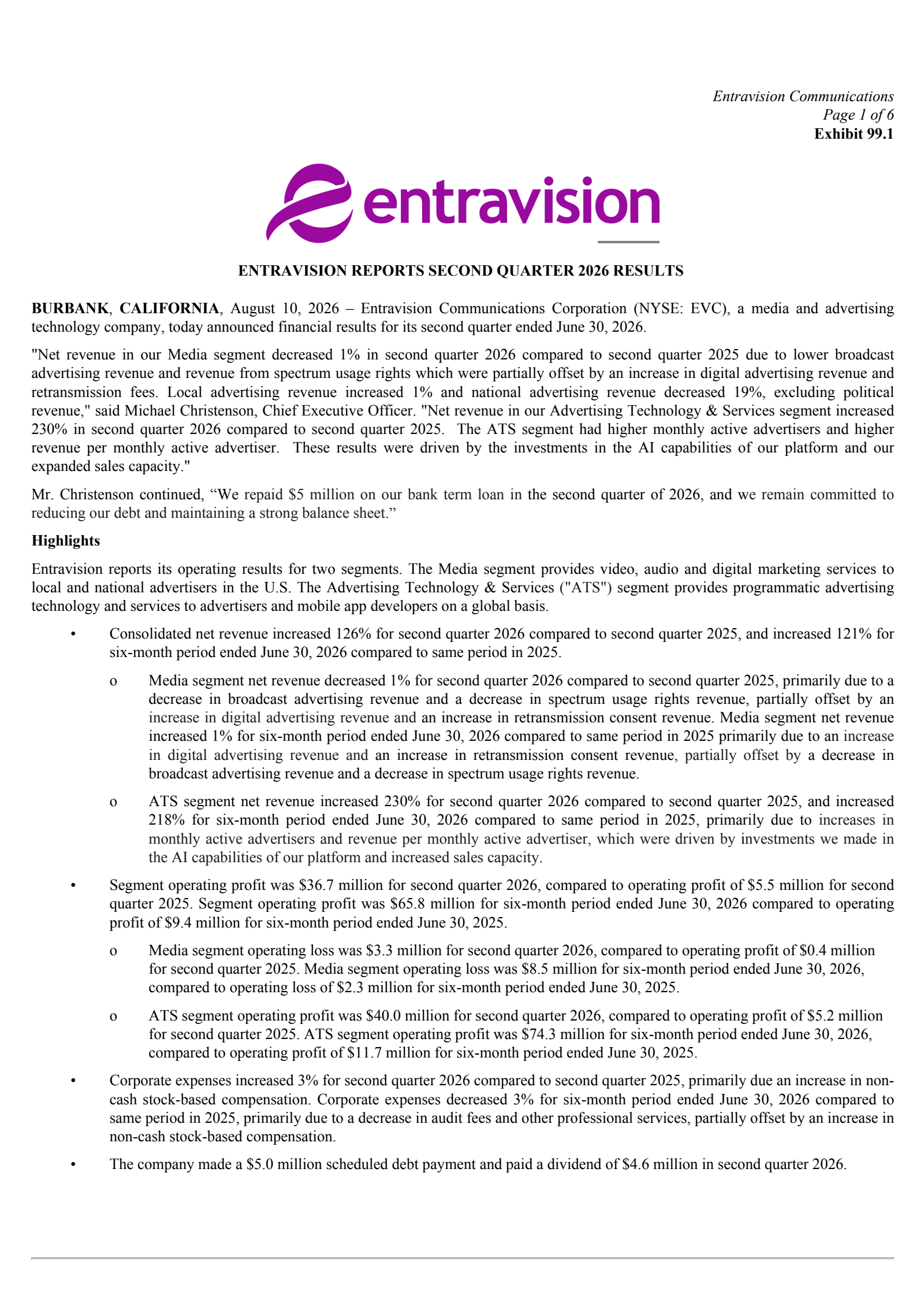 Entravision Communications' Q2 2026 Press Release