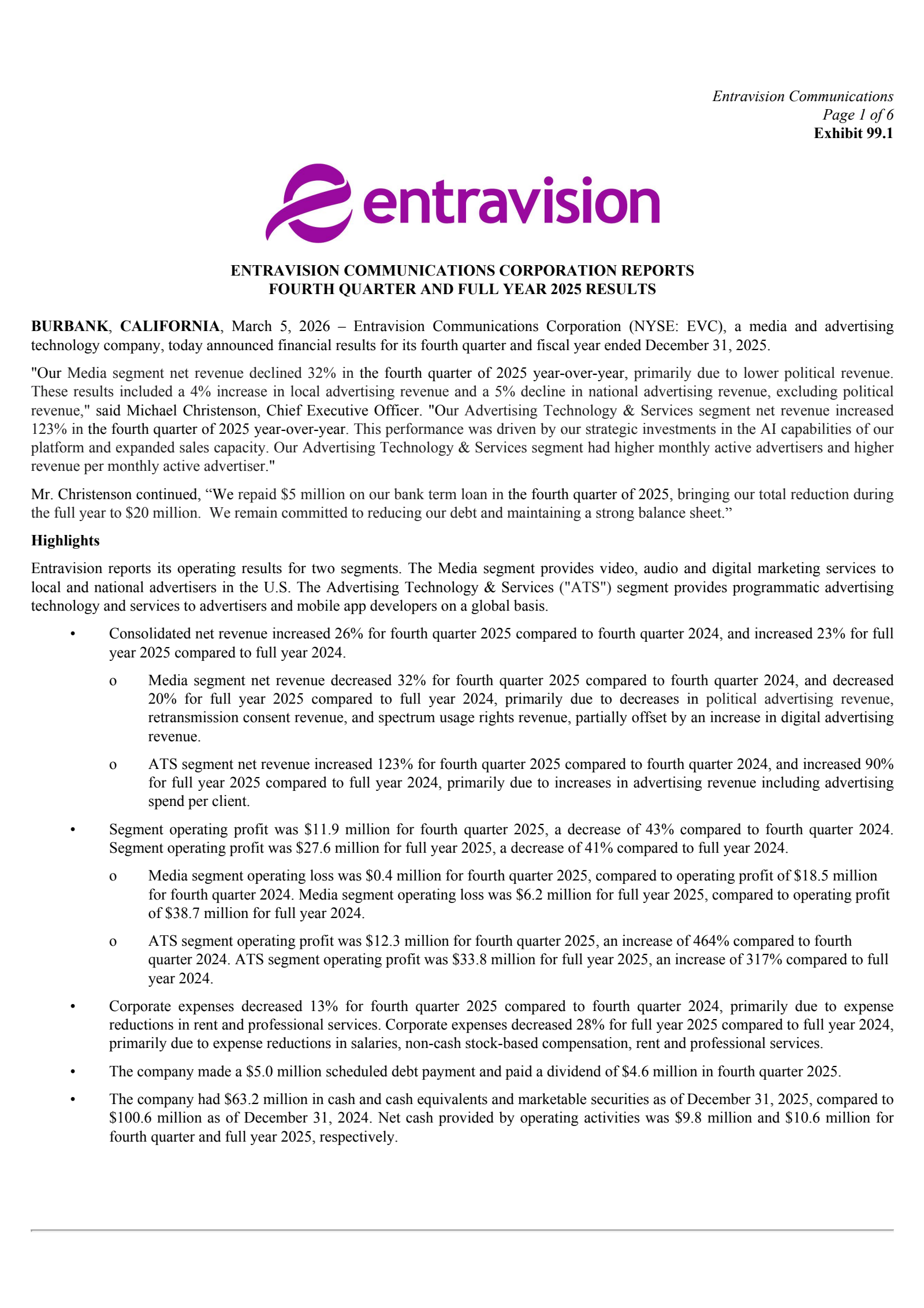 Entravision Communications' Q4 2025 Press Release