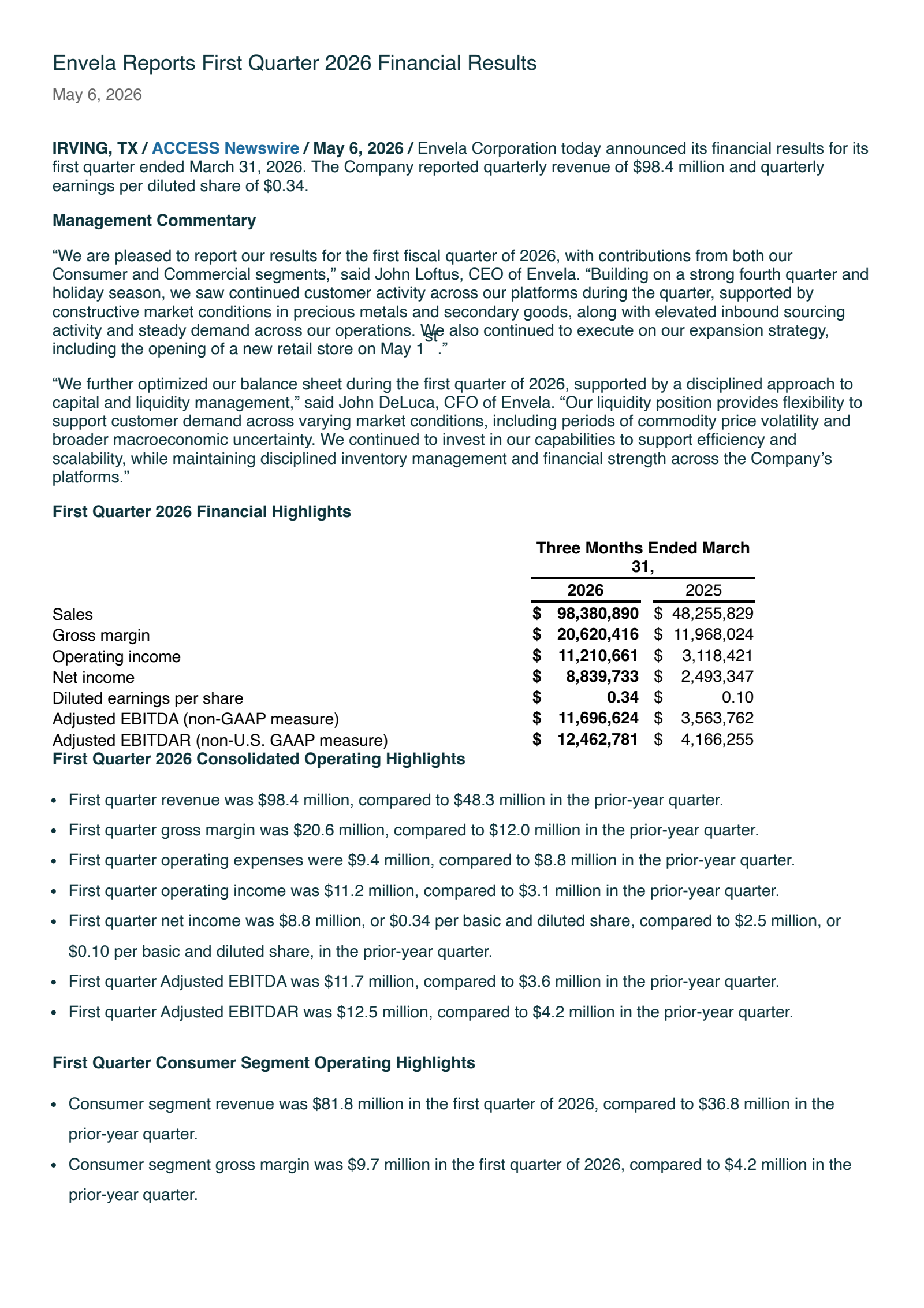 Envela's Q1 2026 Press Release