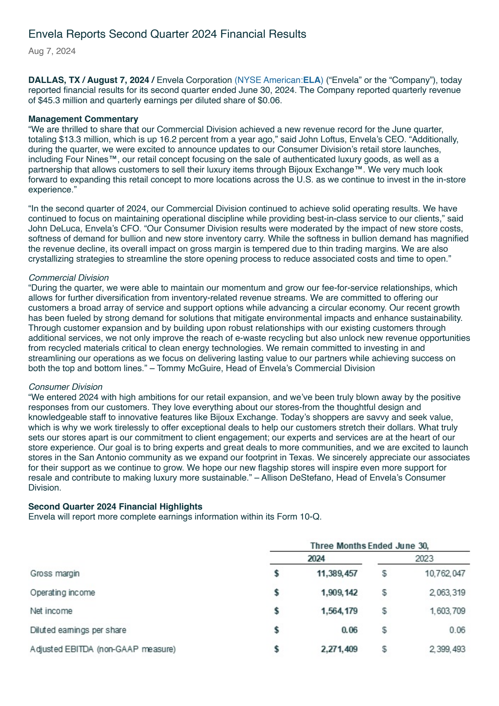 Envela's Q2 2024 Press Release