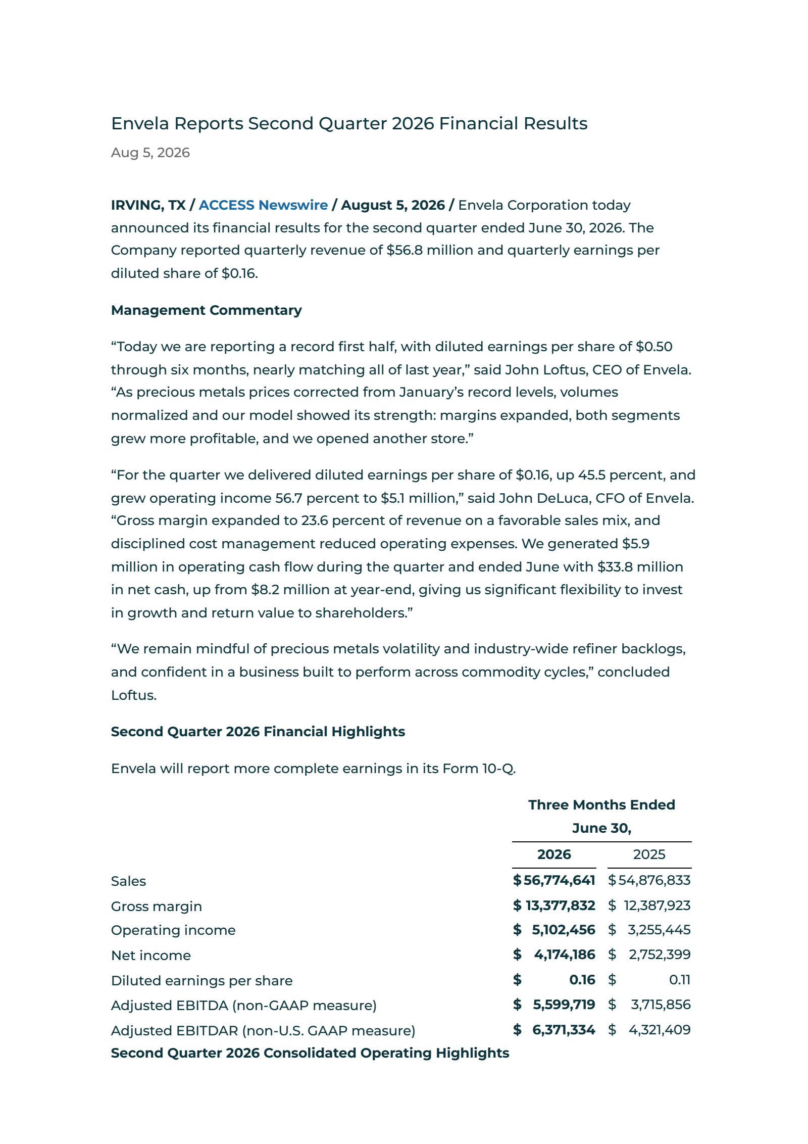 Envela's Q2 2026 Press Release