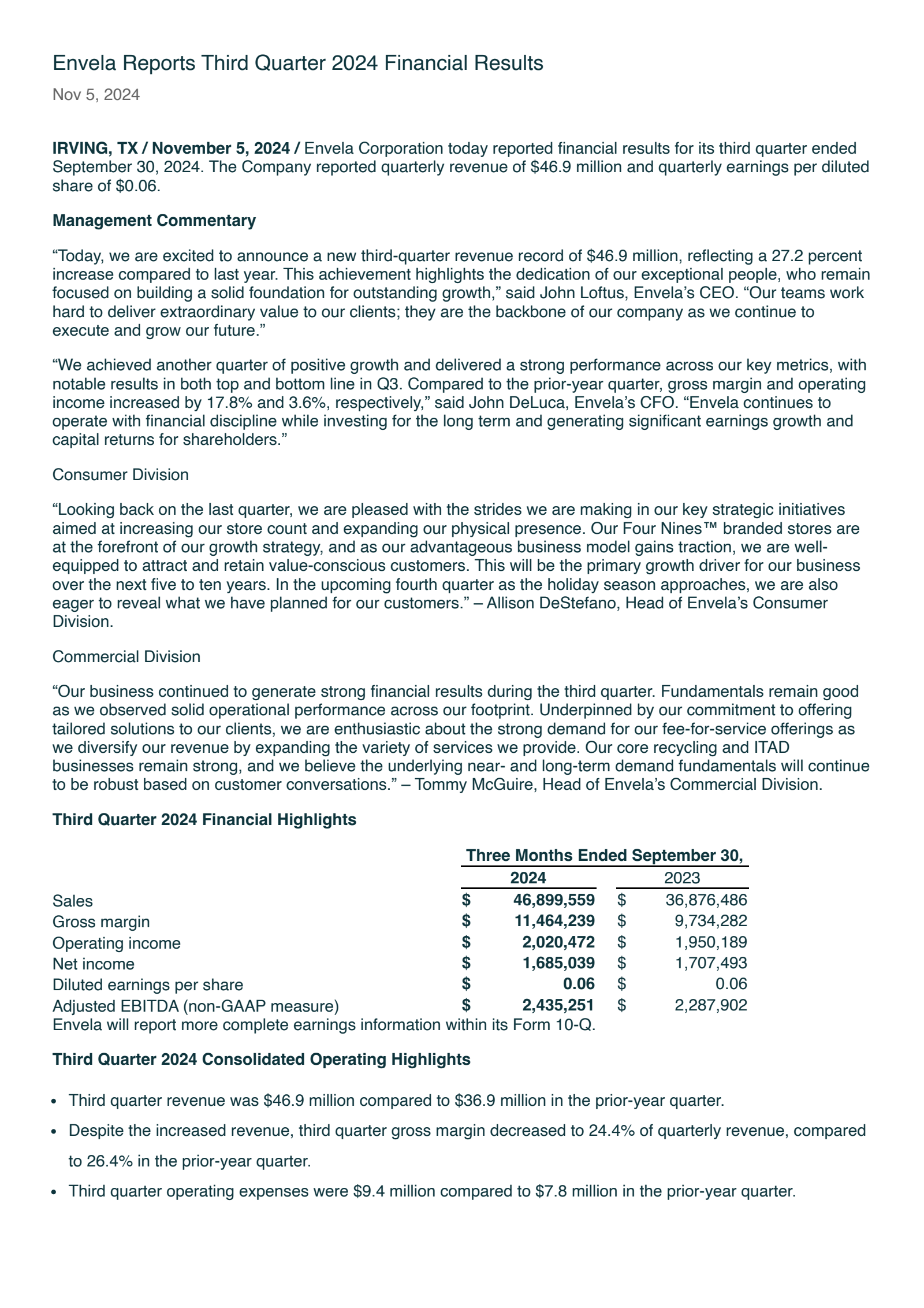 Envela's Q3 2024 Press Release