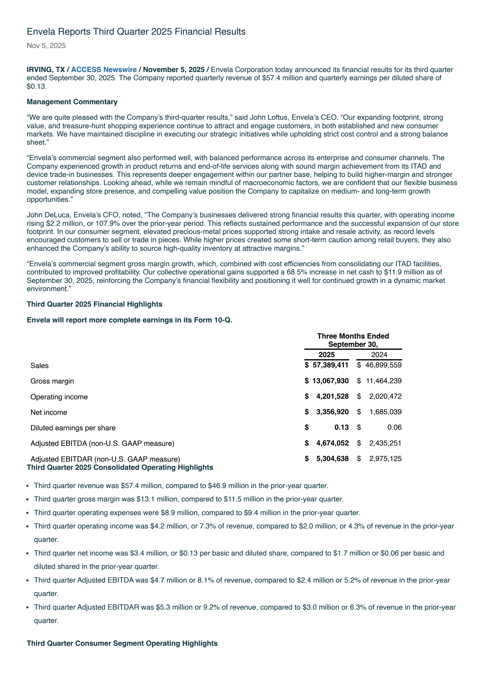 Envela's Q3 2025 Press Release