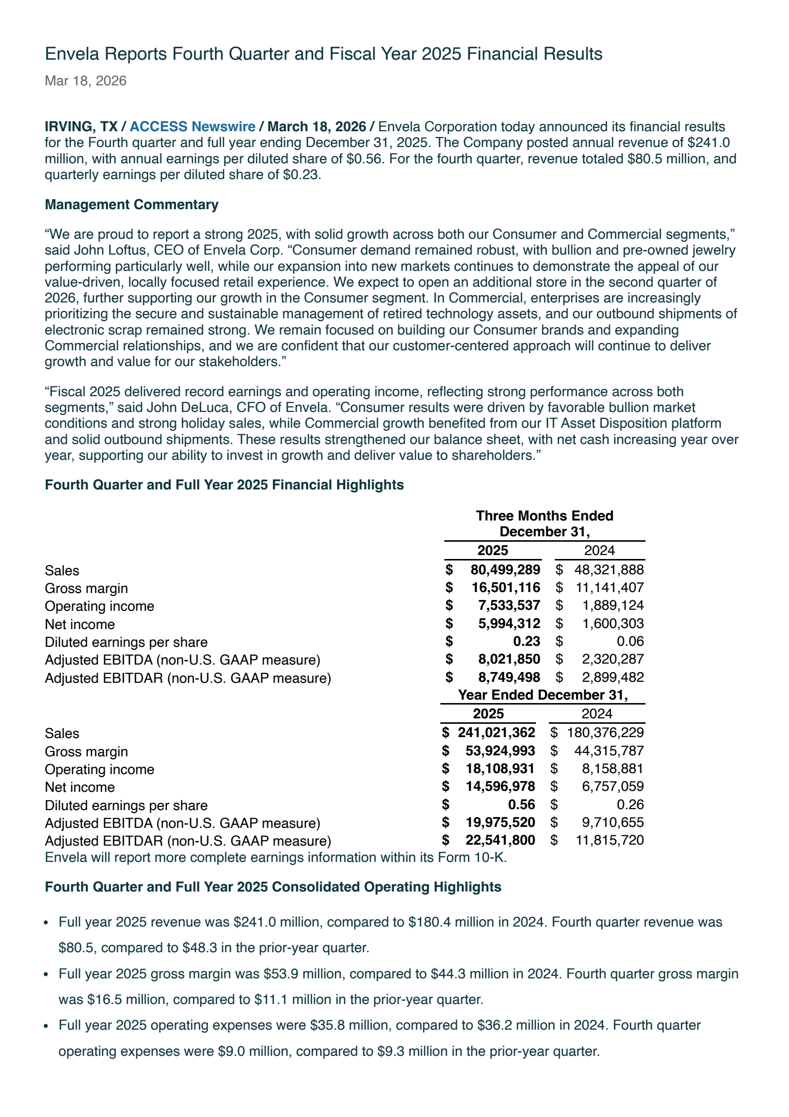 Envela's Q4 2025 Press Release