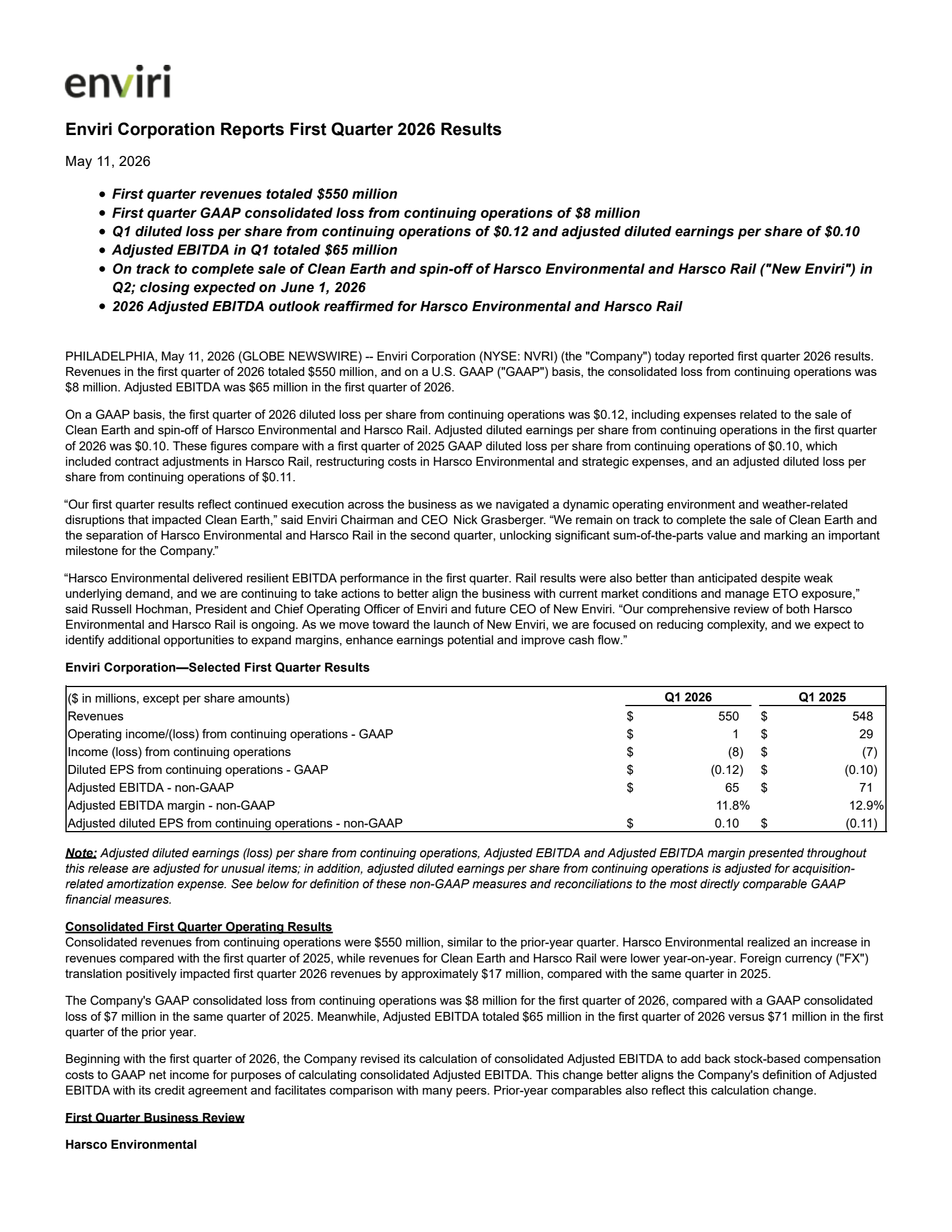 Enviri's Q1 2026 Press Release