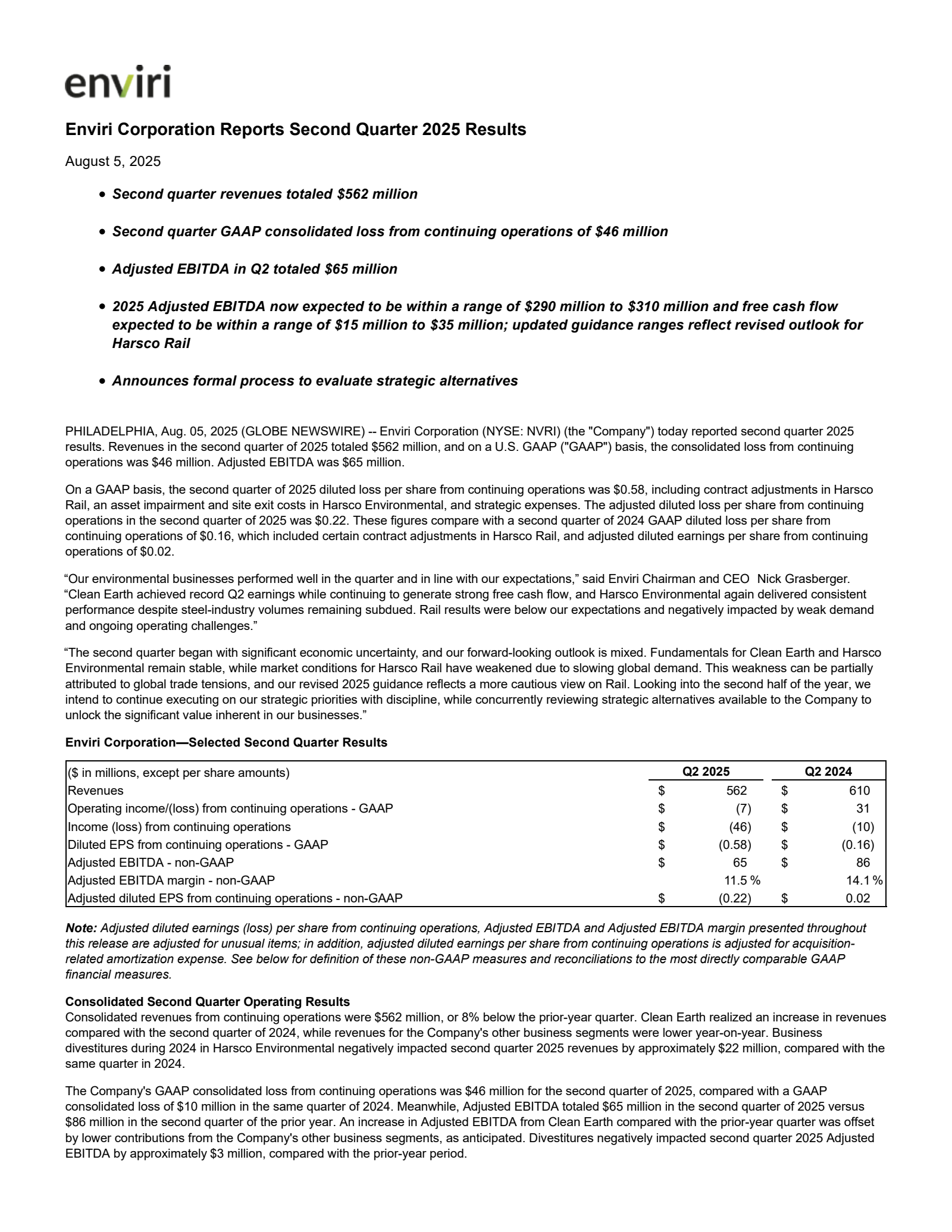Enviri's Q2 2025 Press Release