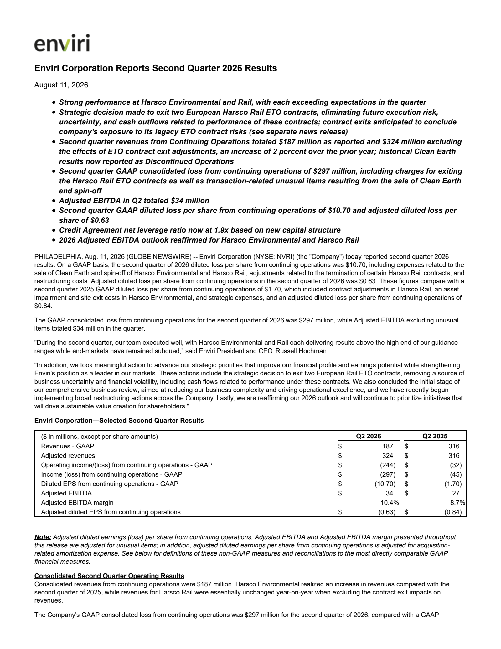 Enviri's Q2 2026 Press Release