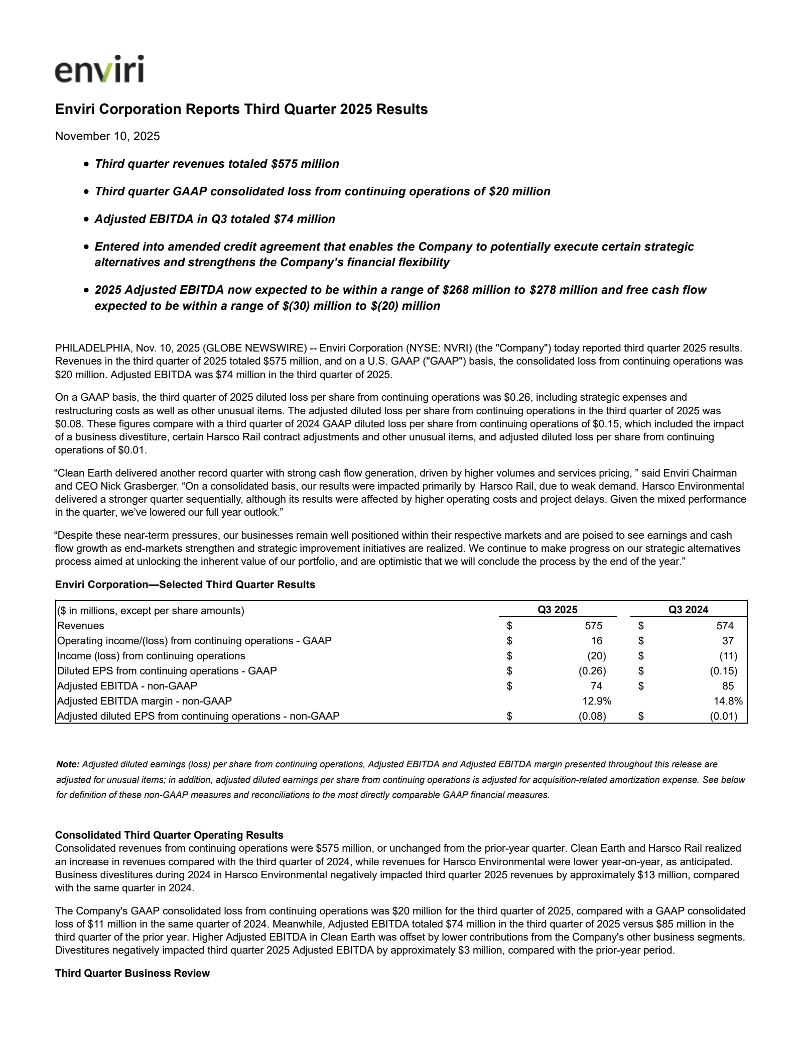 Enviri's Q3 2025 Earnings Release