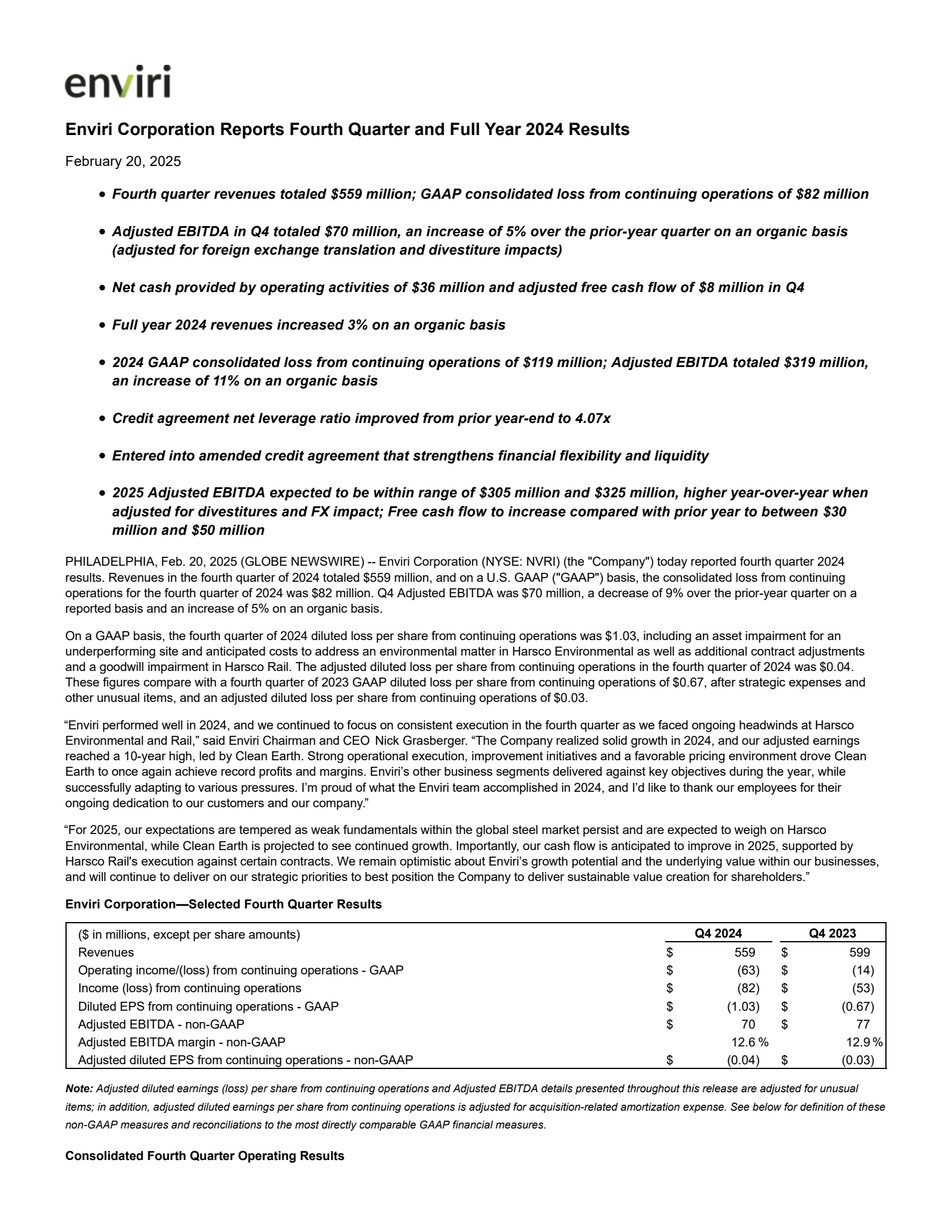Enviri's Q4 2024 Press Release