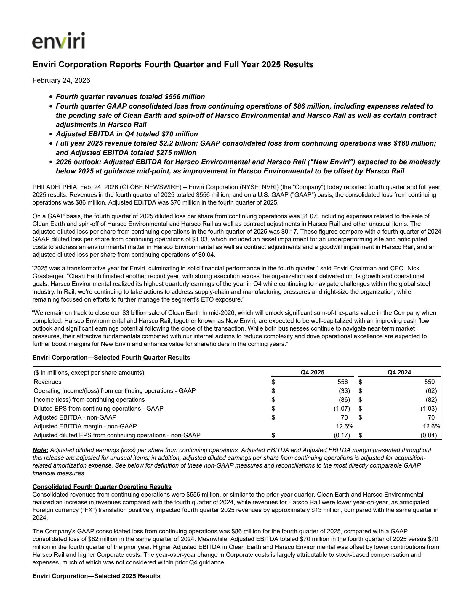 Enviri's Q4 2025 Press Release