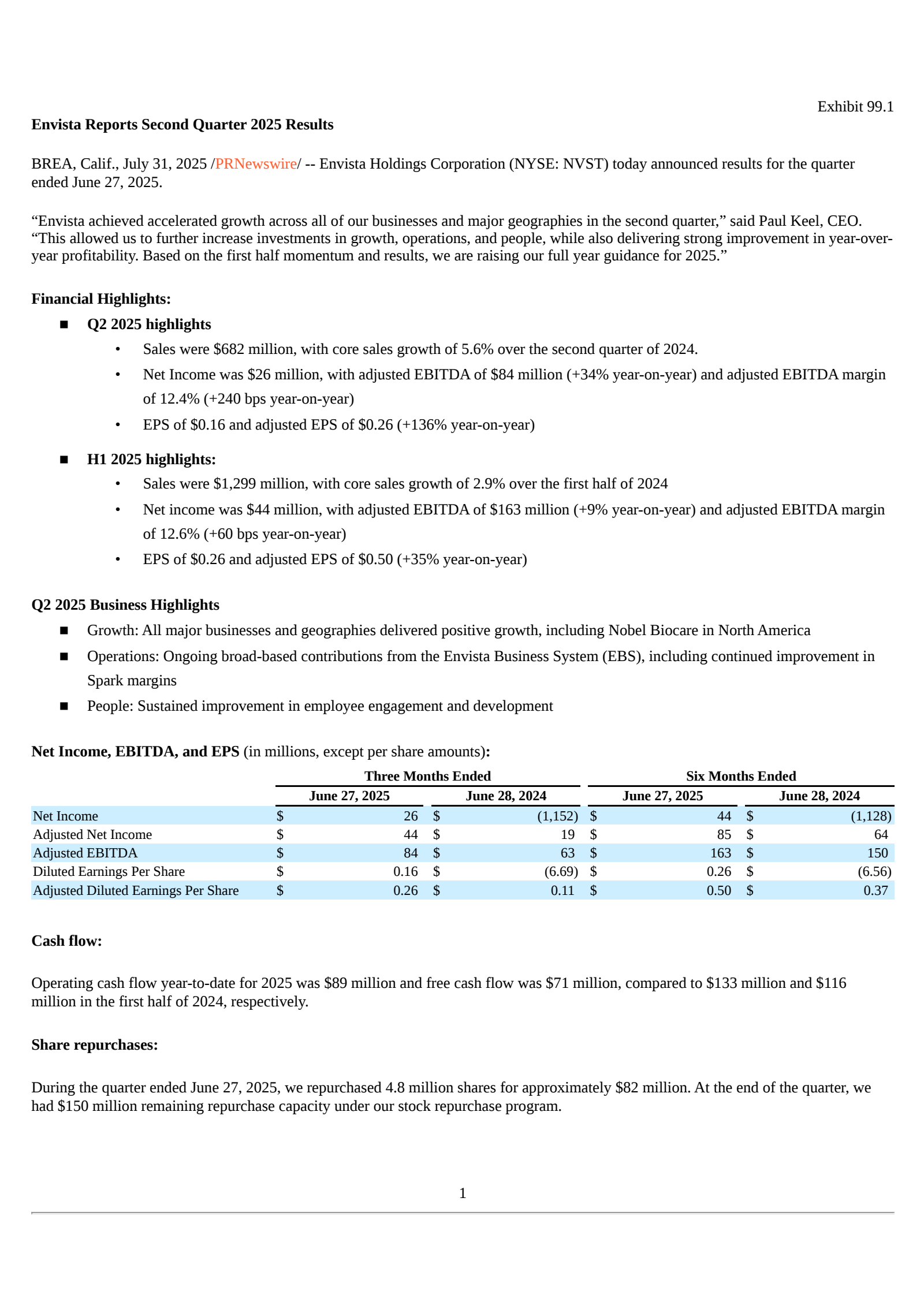 Envista's Q2 2025 Press Release