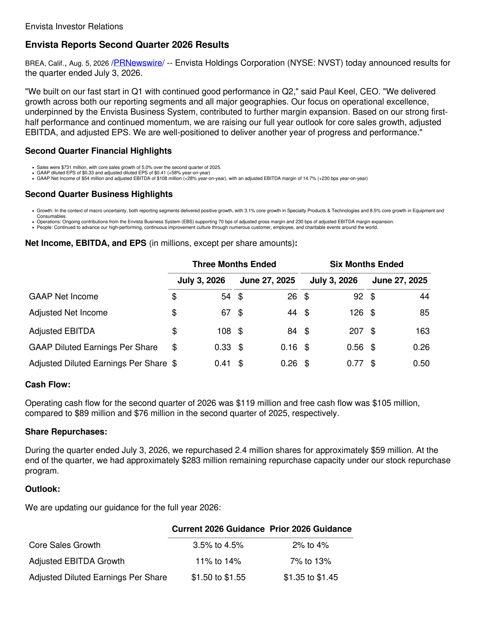 Envista's Q2 2026 Press Release