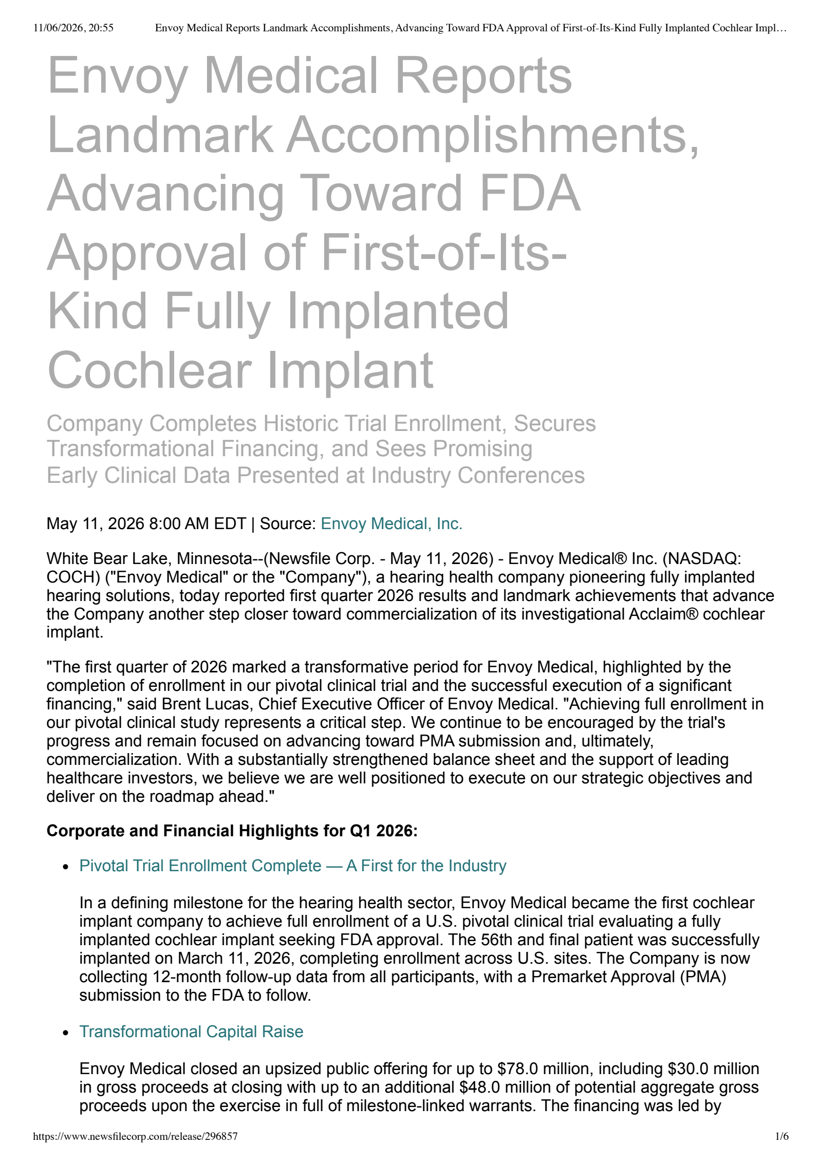 Envoy Medical's Q1 2026 Press Release