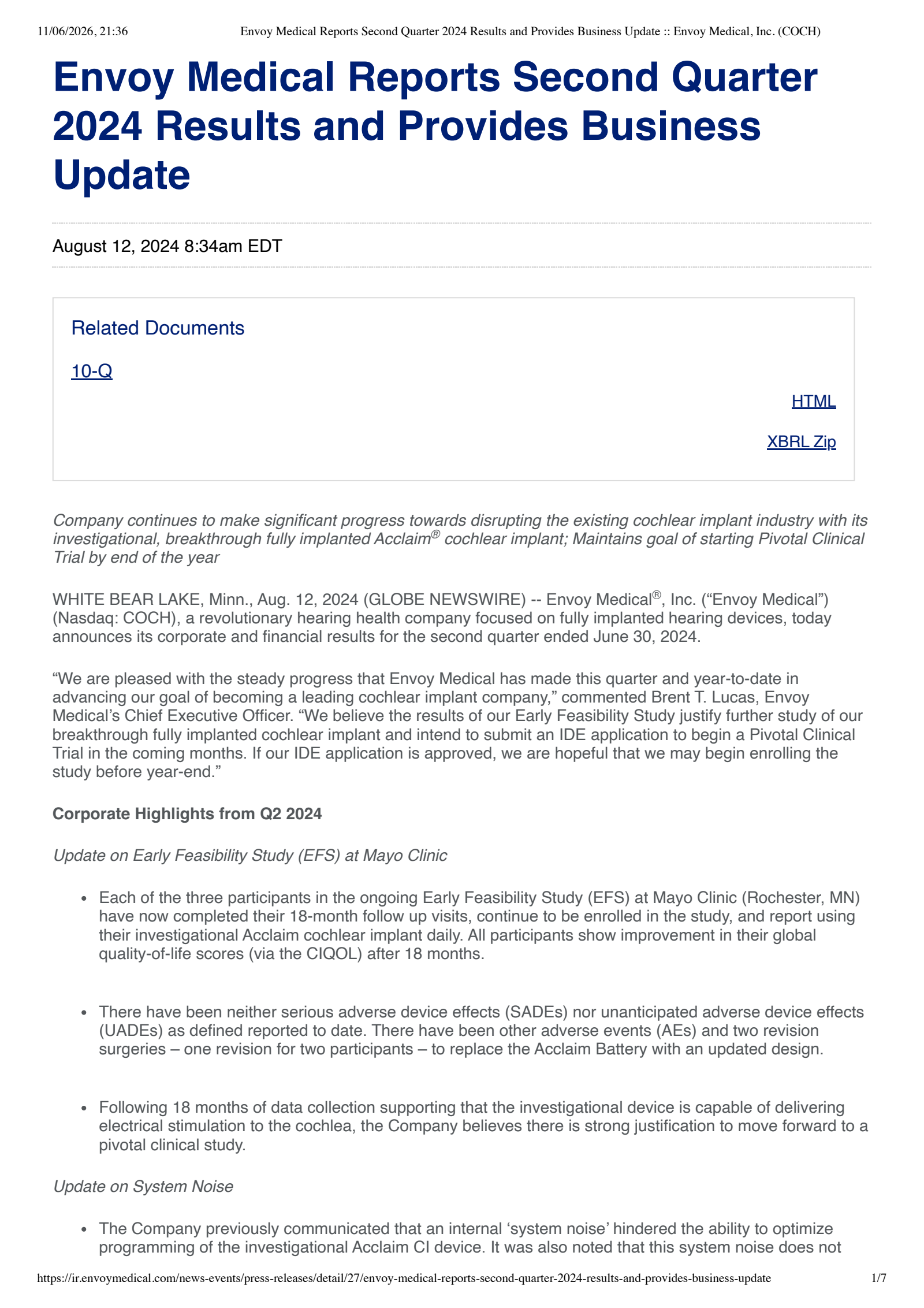 Envoy Medical's Q2 2024 Press Release