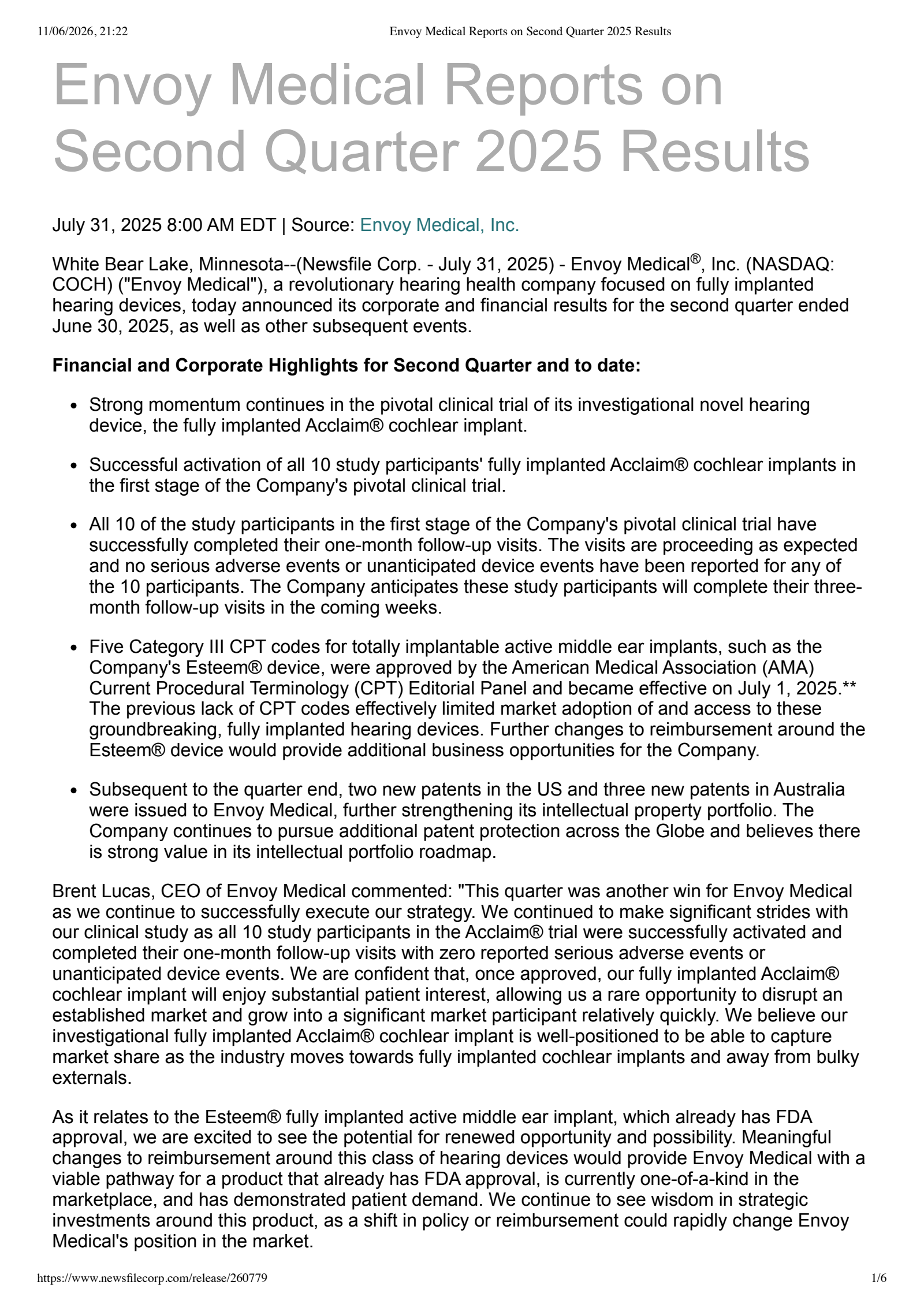 Envoy Medical's Q2 2025 Press Release