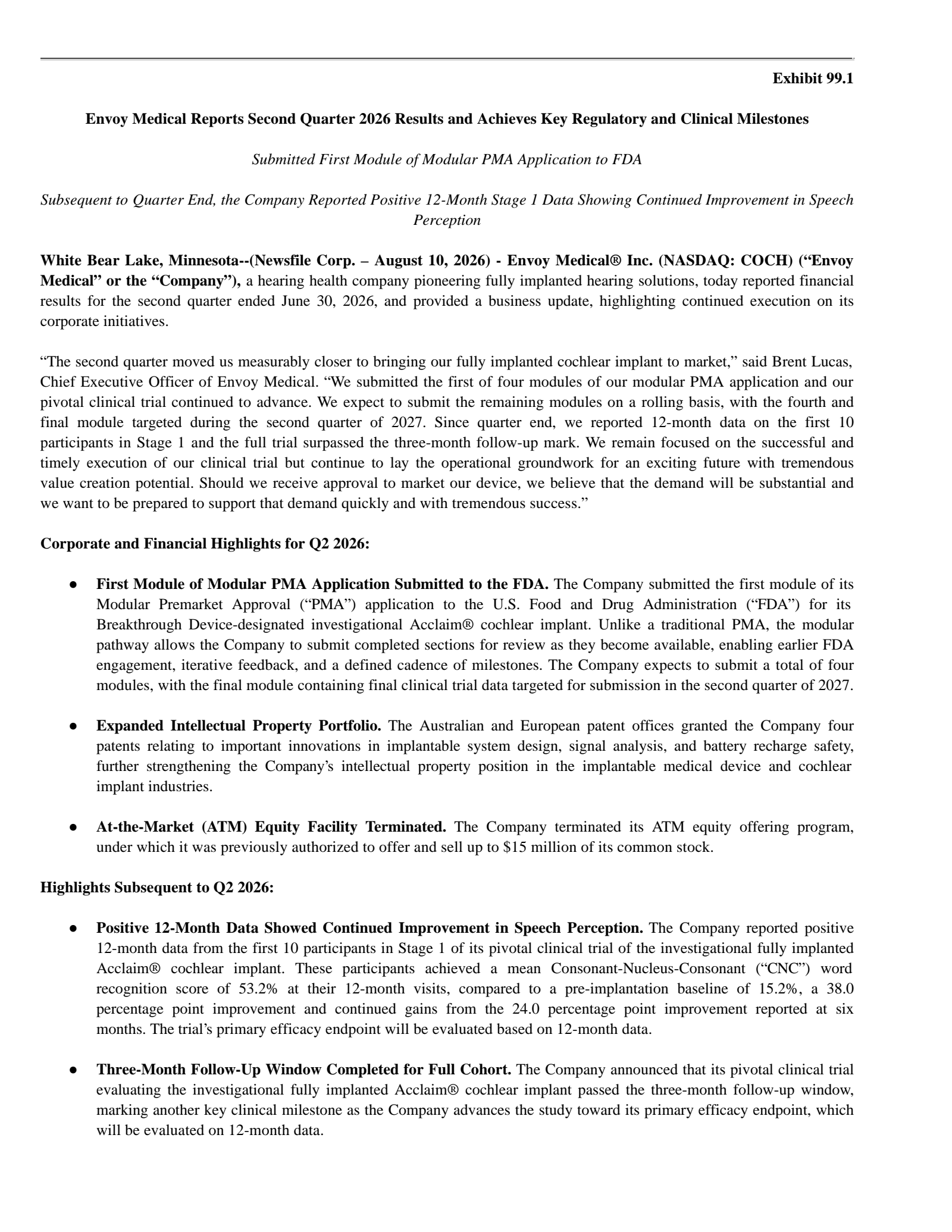 Envoy Medical's Q2 2026 Press Release