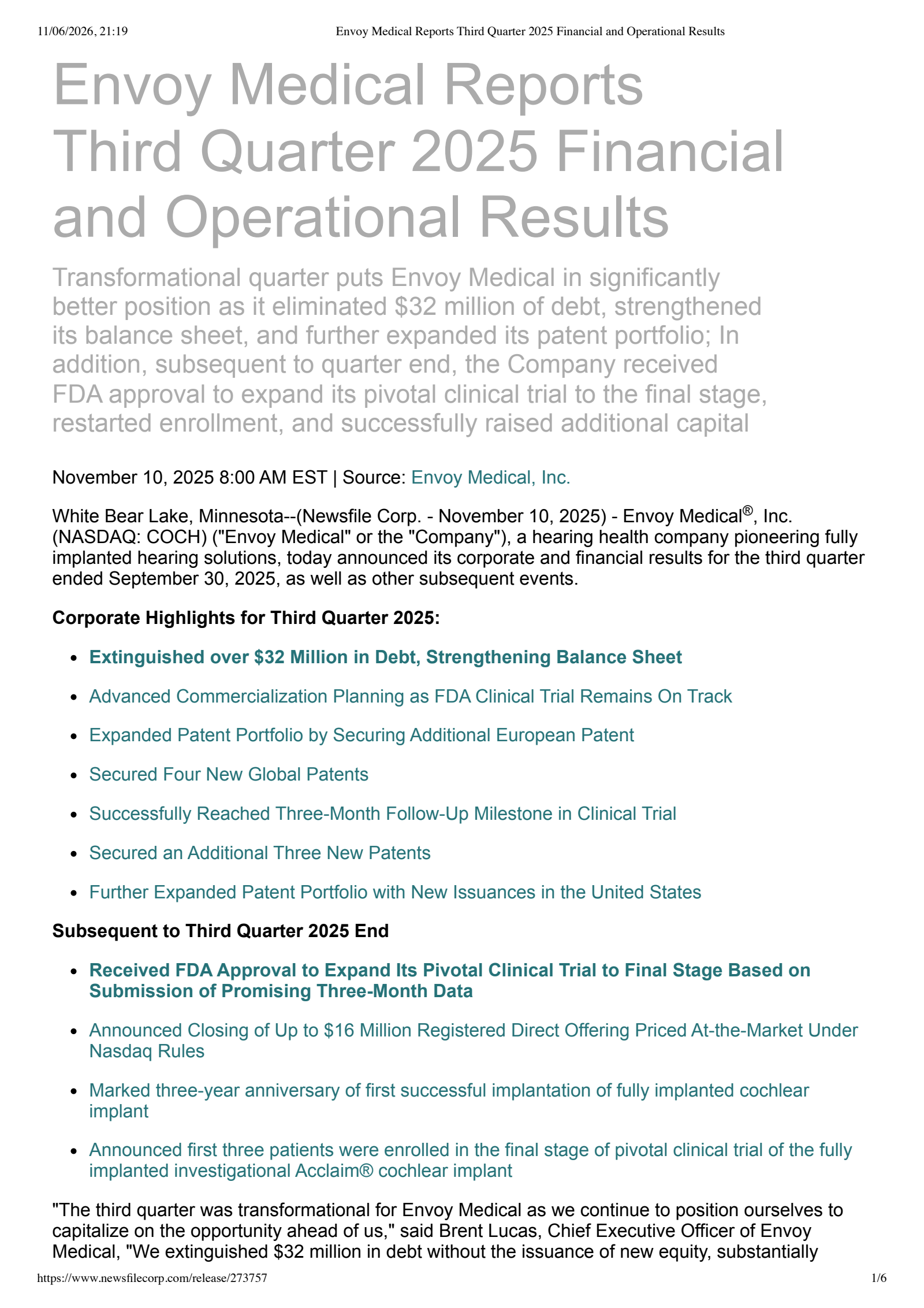 Envoy Medical's Q3 2025 Press Release