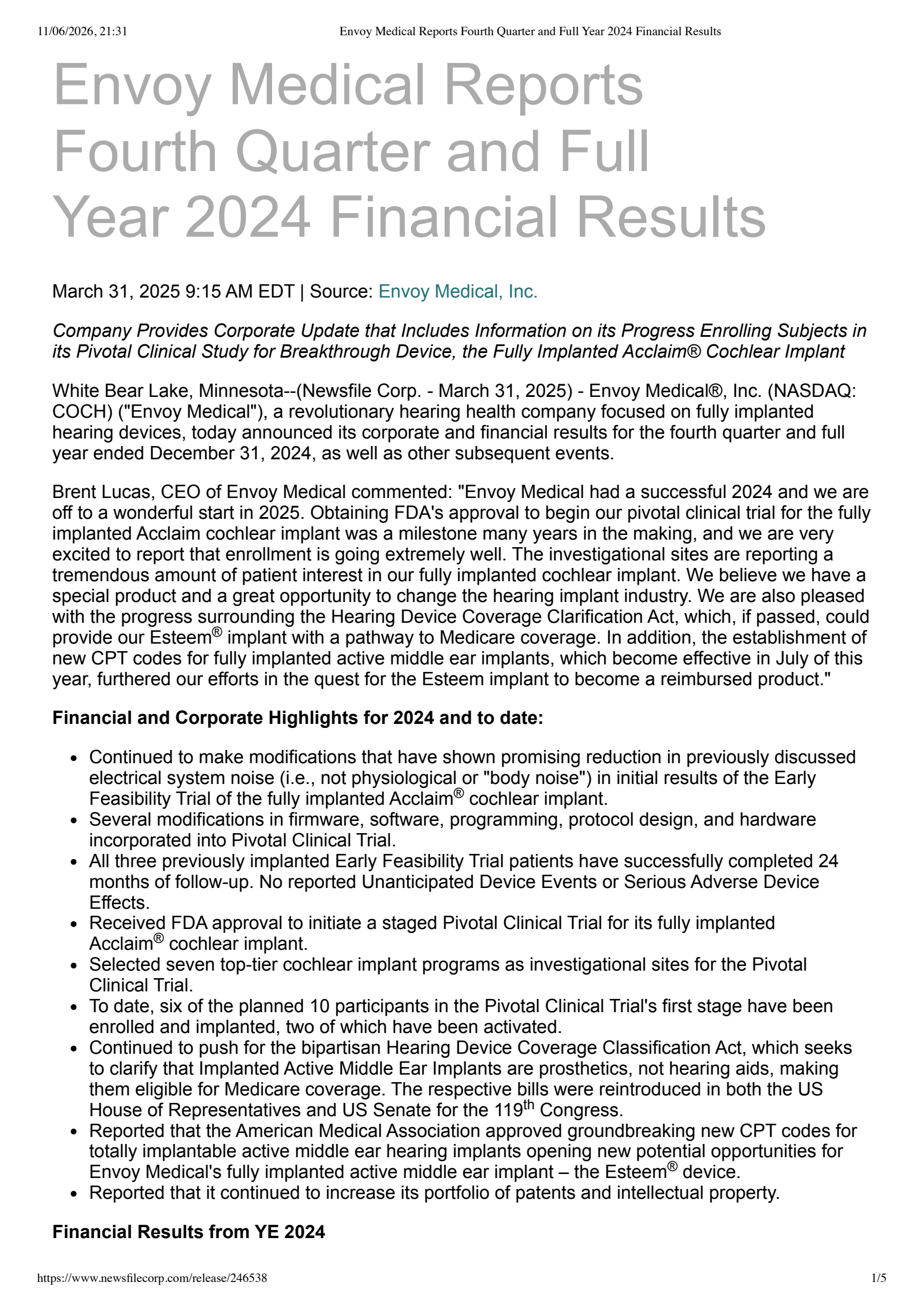 Envoy Medical's Q4 2024 Press Release