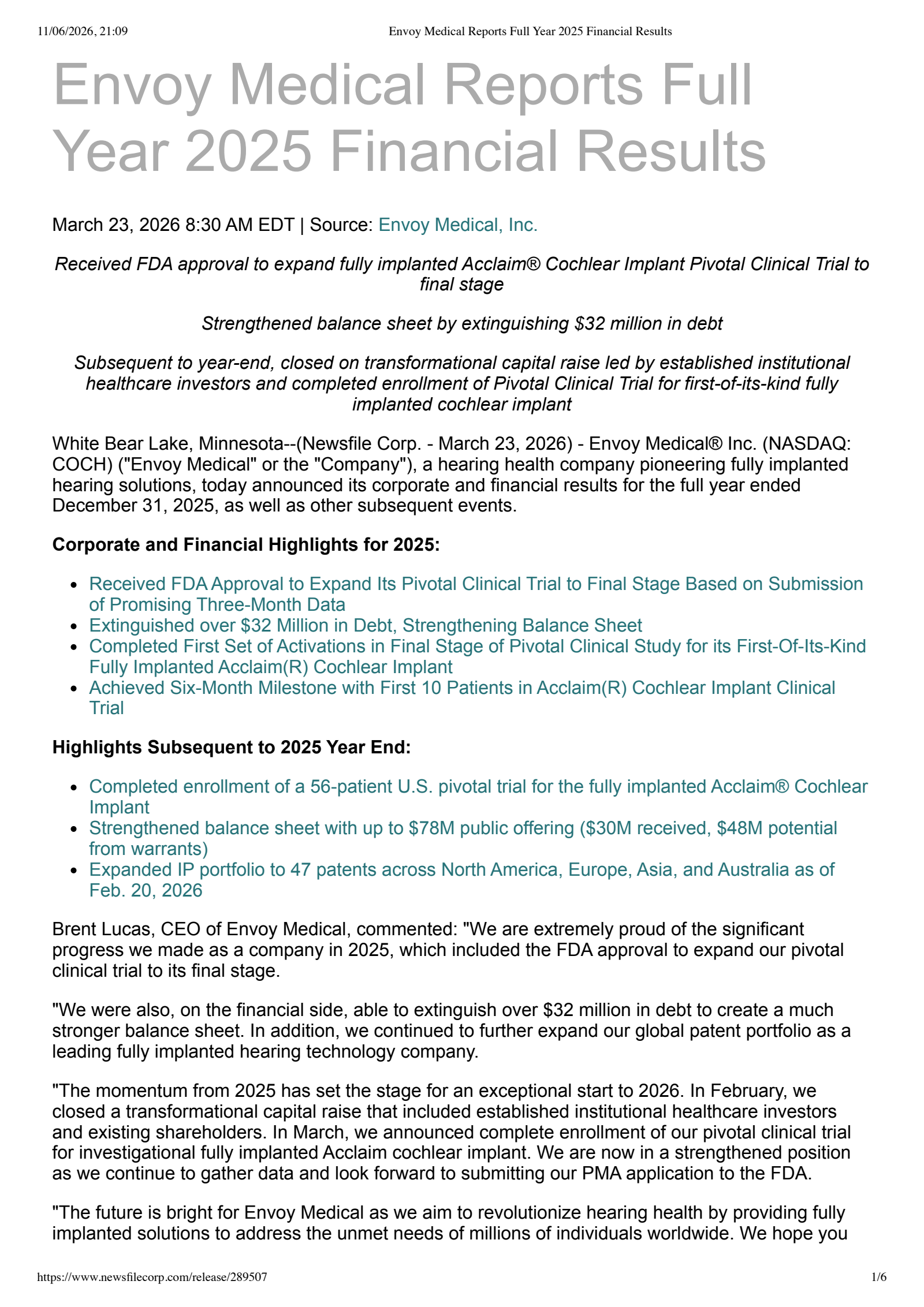 Envoy Medical's Q4 2025 Press Release