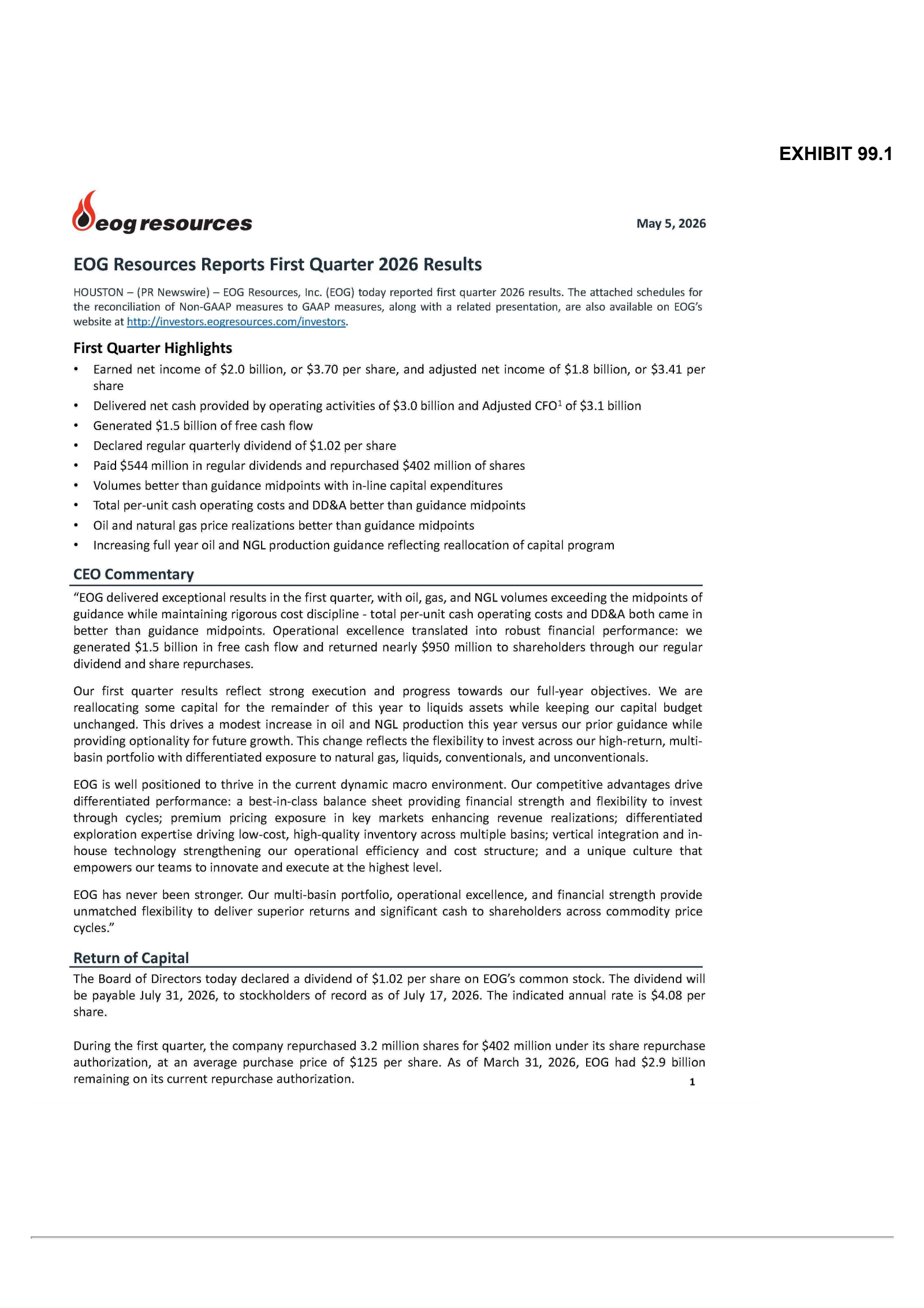 EOG Resources' Q1 2026 Press Release