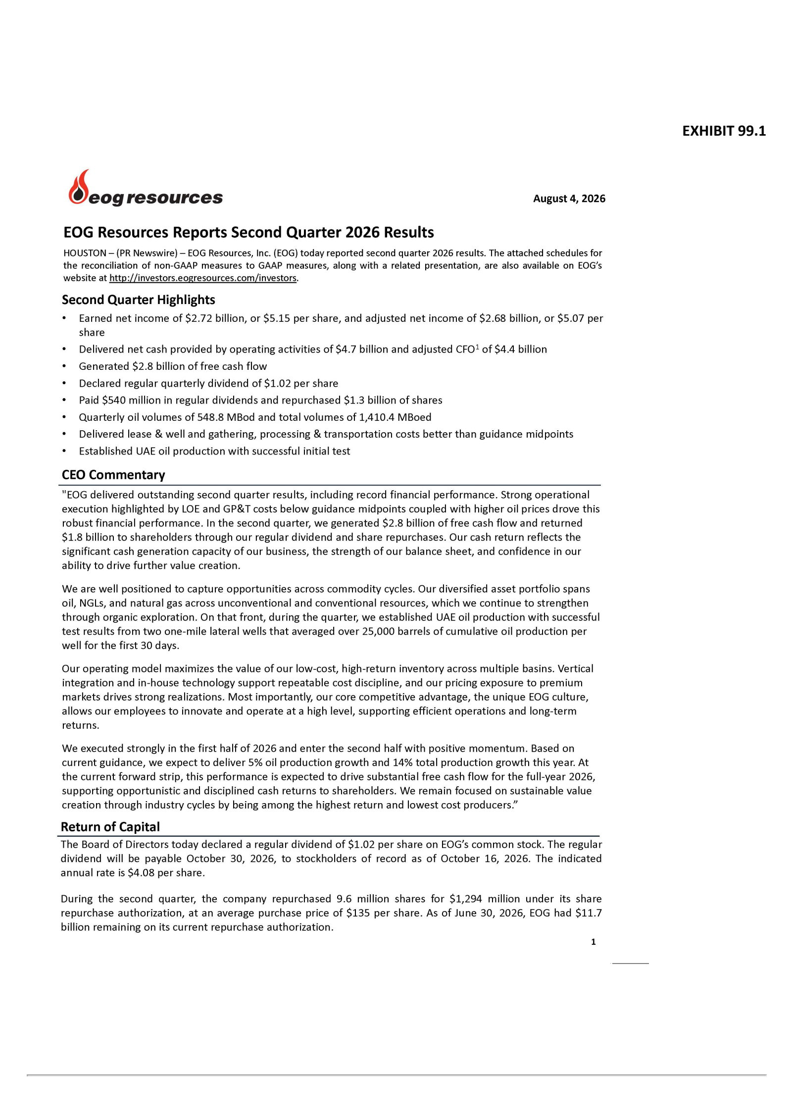 EOG Resources' Q2 2026 Press Release
