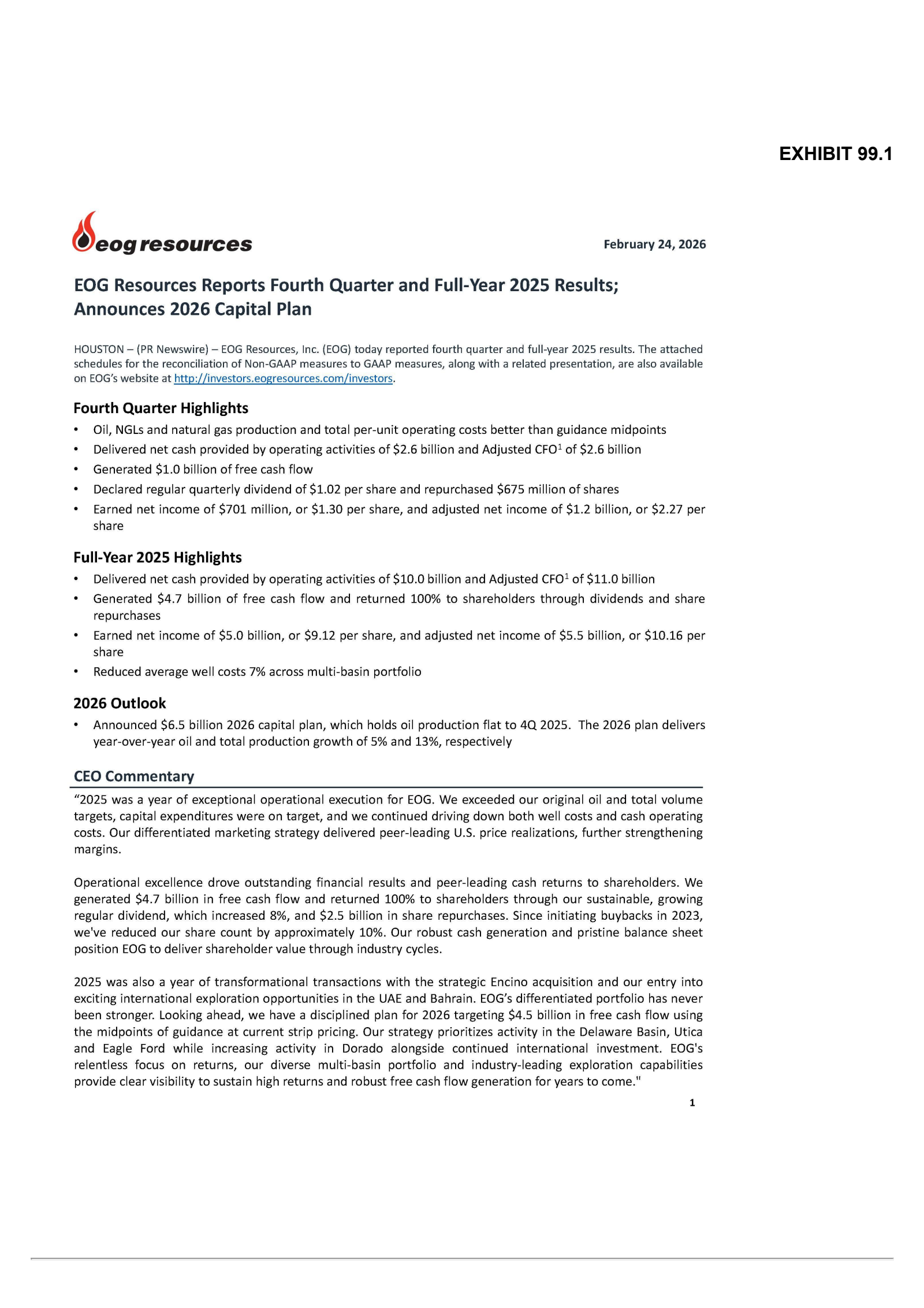 EOG Resources' Q4 2025 Press Release