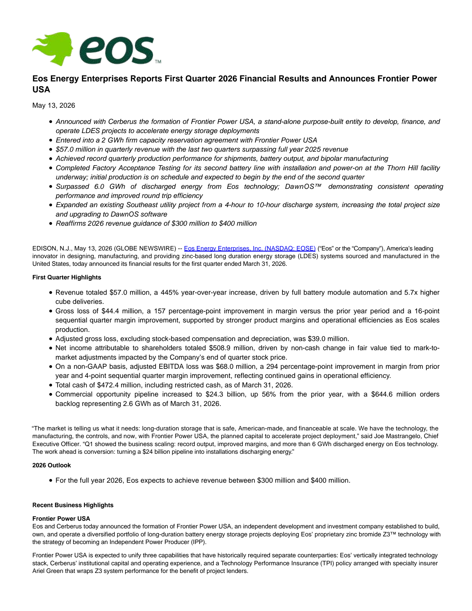 Eos Energy Enterprises' Q1 2026 Press Release