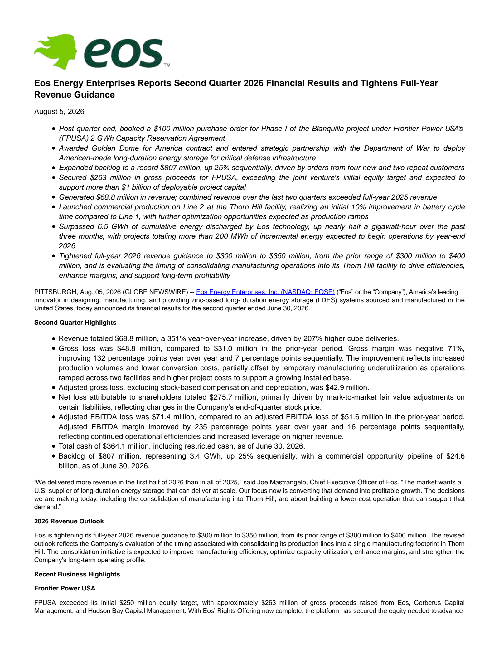 Eos Energy Enterprises' Q2 2026 Press Release