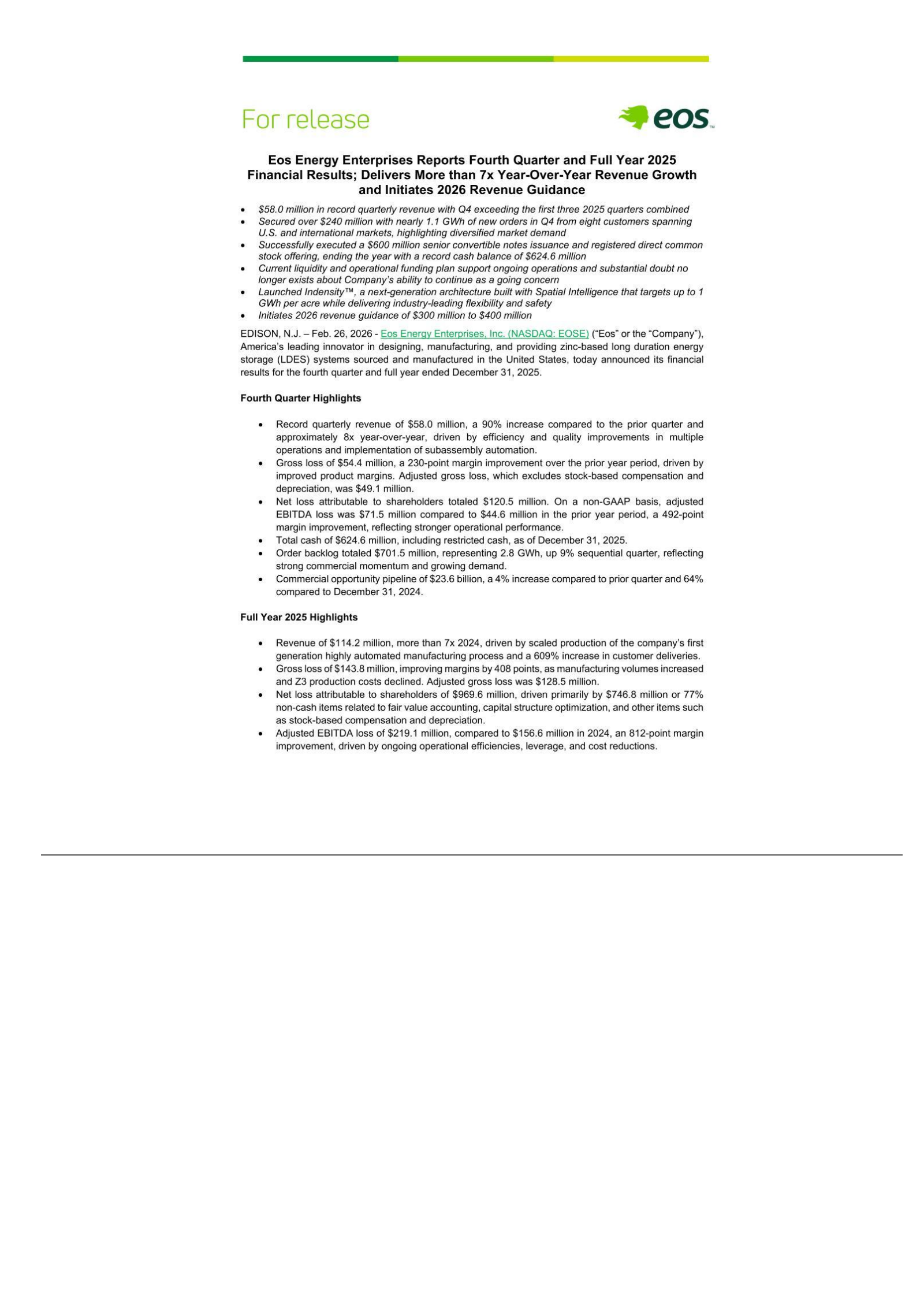 Eos Energy Enterprises' Q4 2025 Press Release