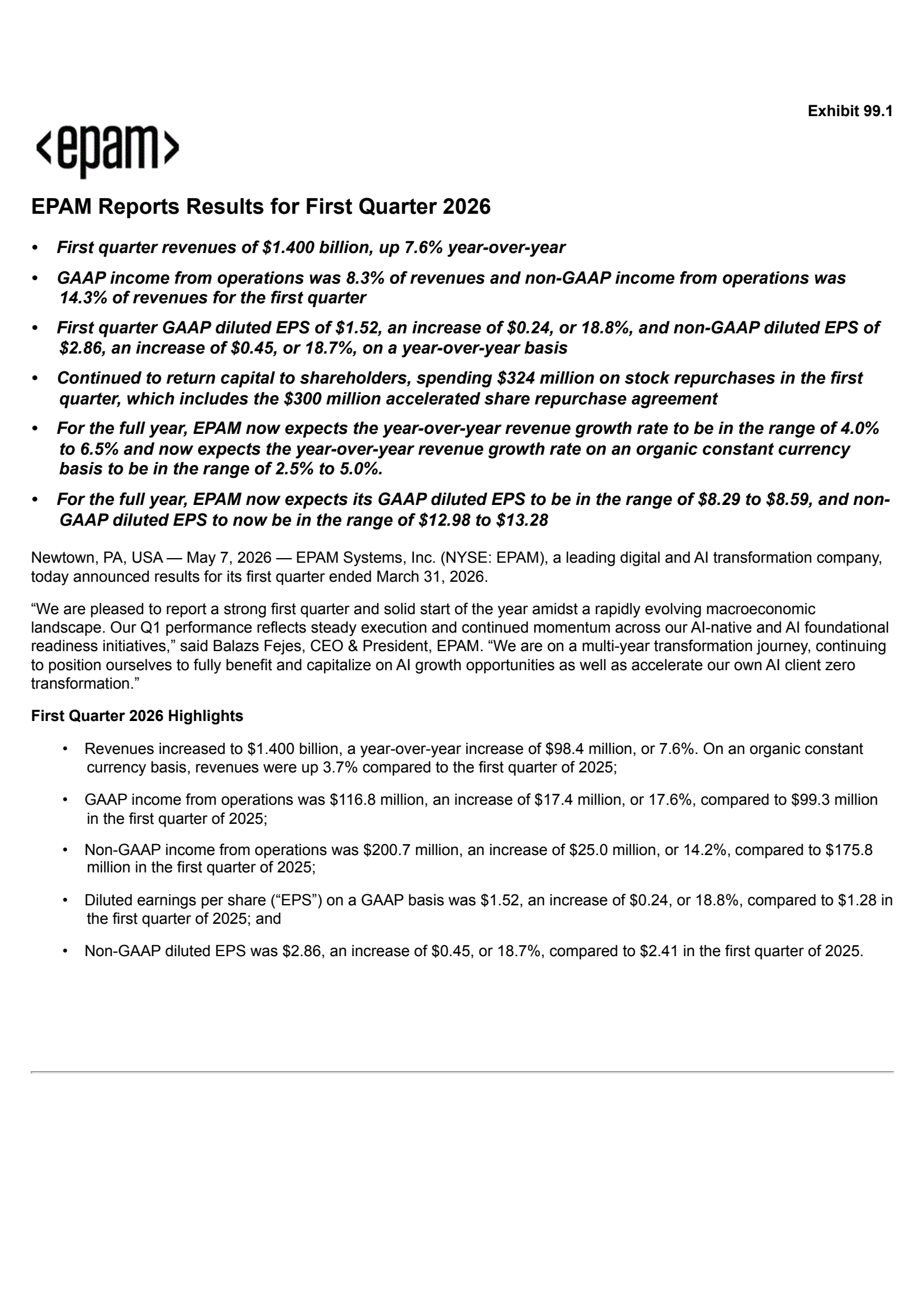 EPAM Systems' Q1 2026 Press Release