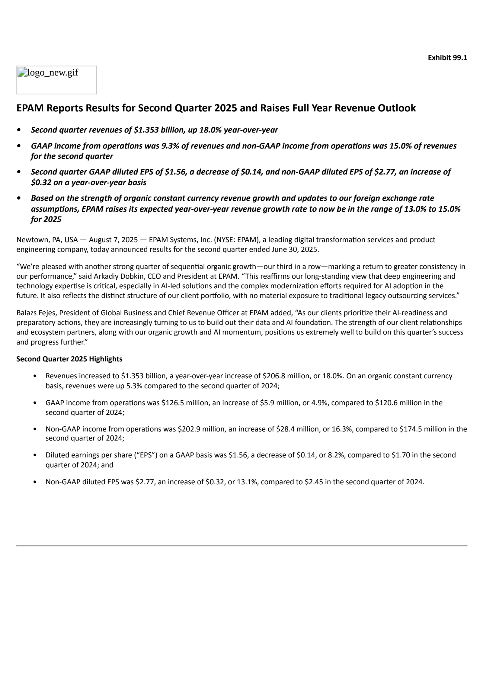 EPAM Systems' Q2 2025 Press Release