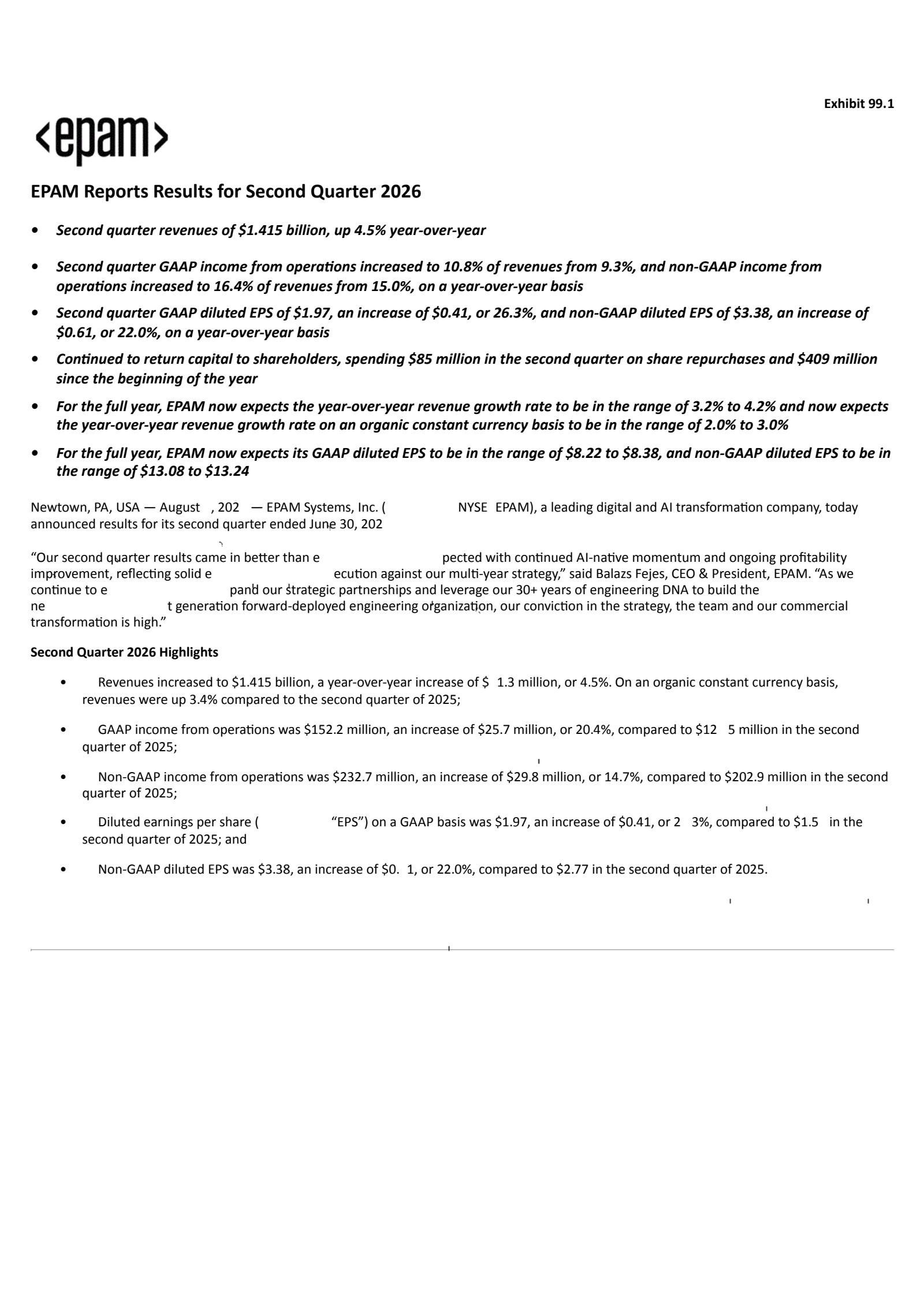 EPAM Systems' Q2 2026 Press Release