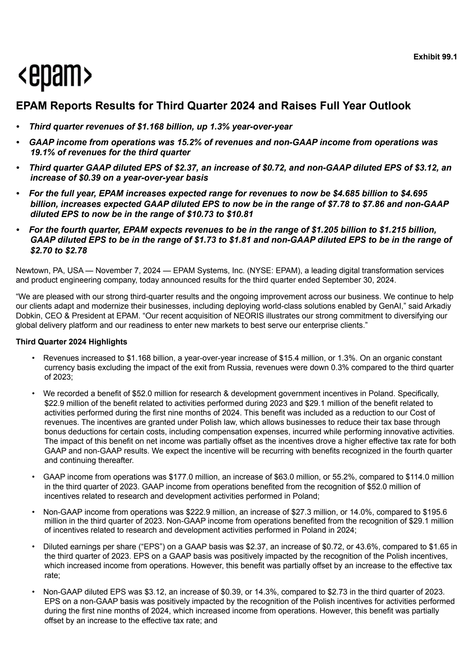 EPAM Systems' Q3 2024 Press Release