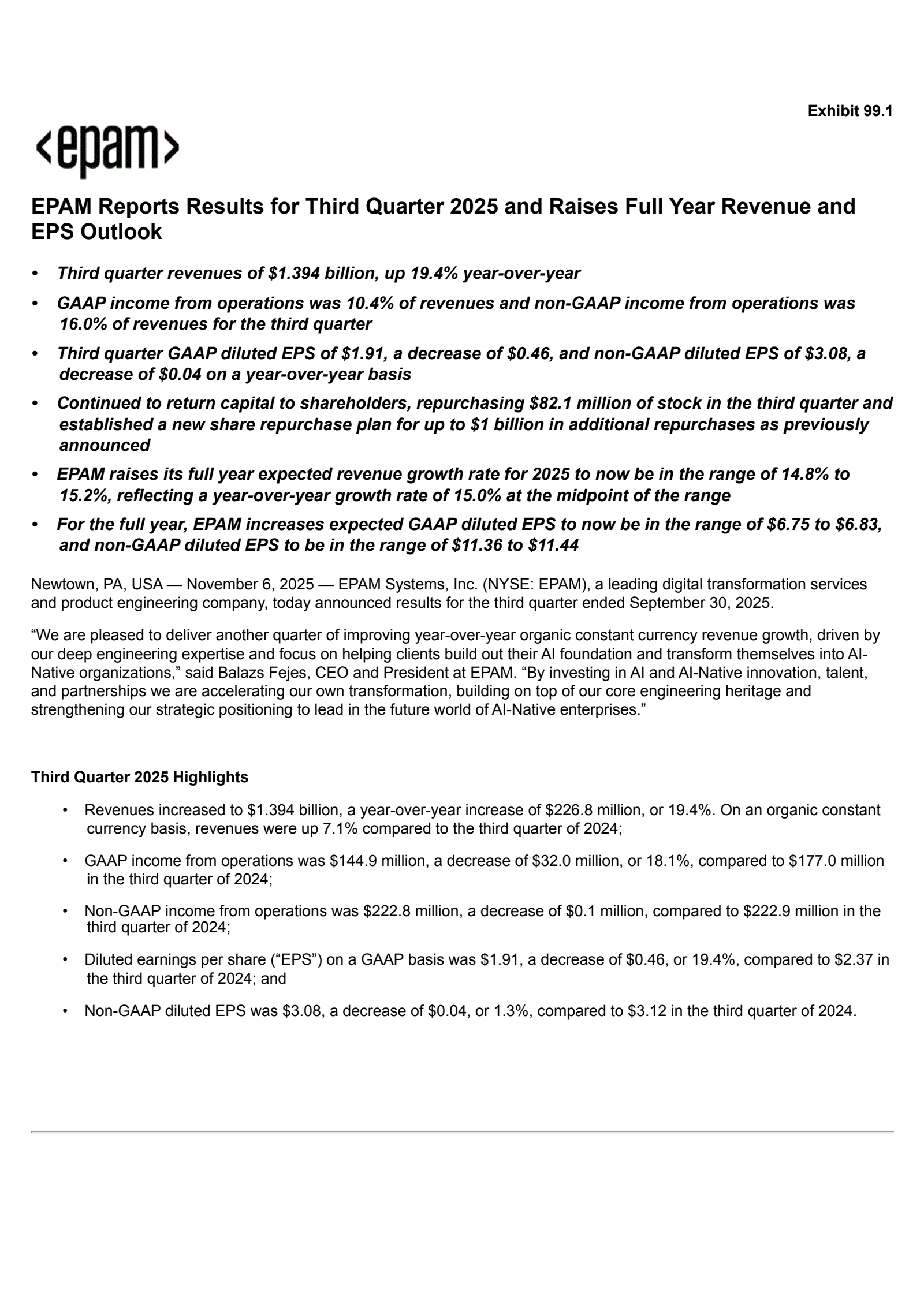 EPAM Systems' Q3 2025 Earnings Release