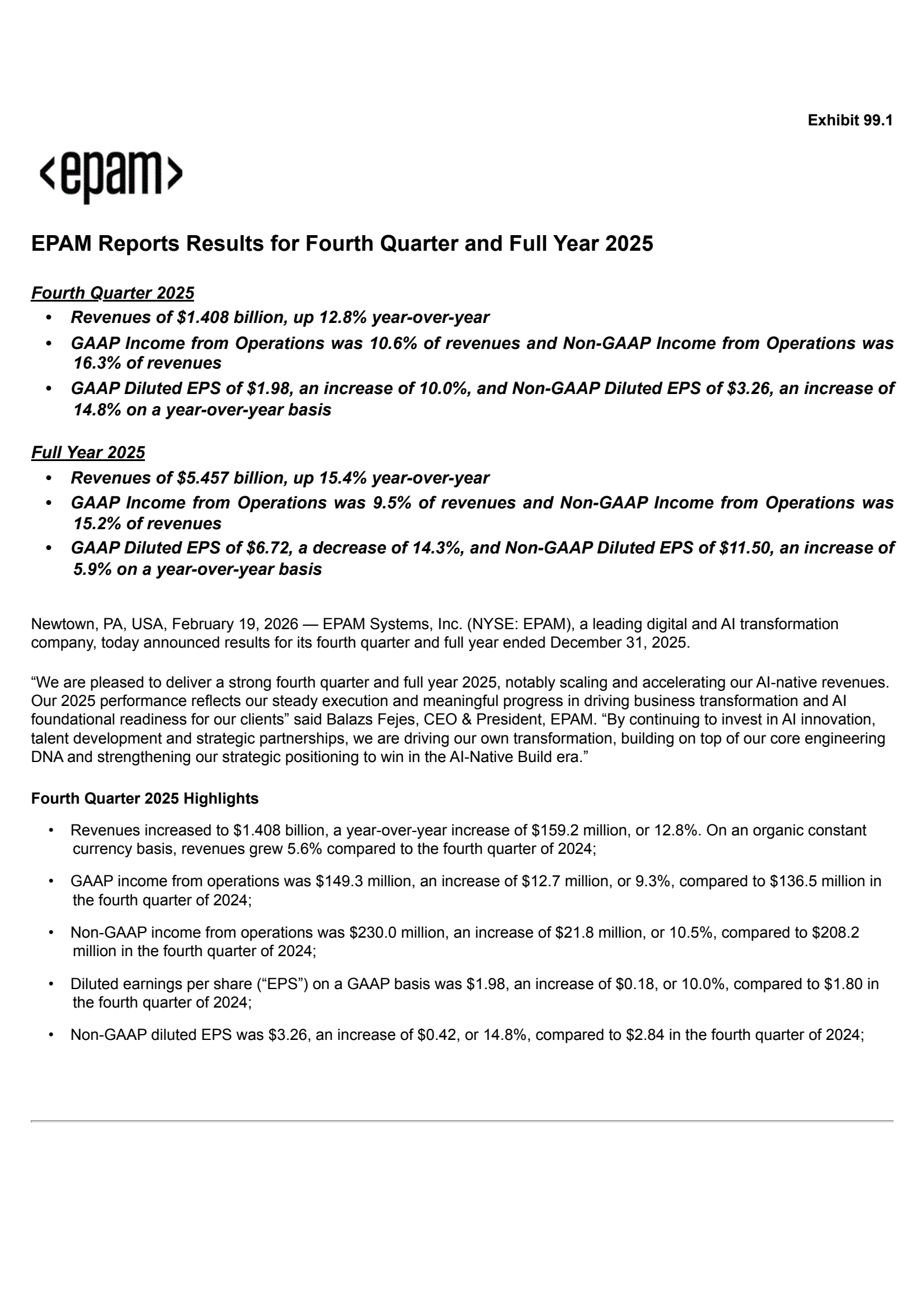 EPAM Systems' Q4 2025 Press Release