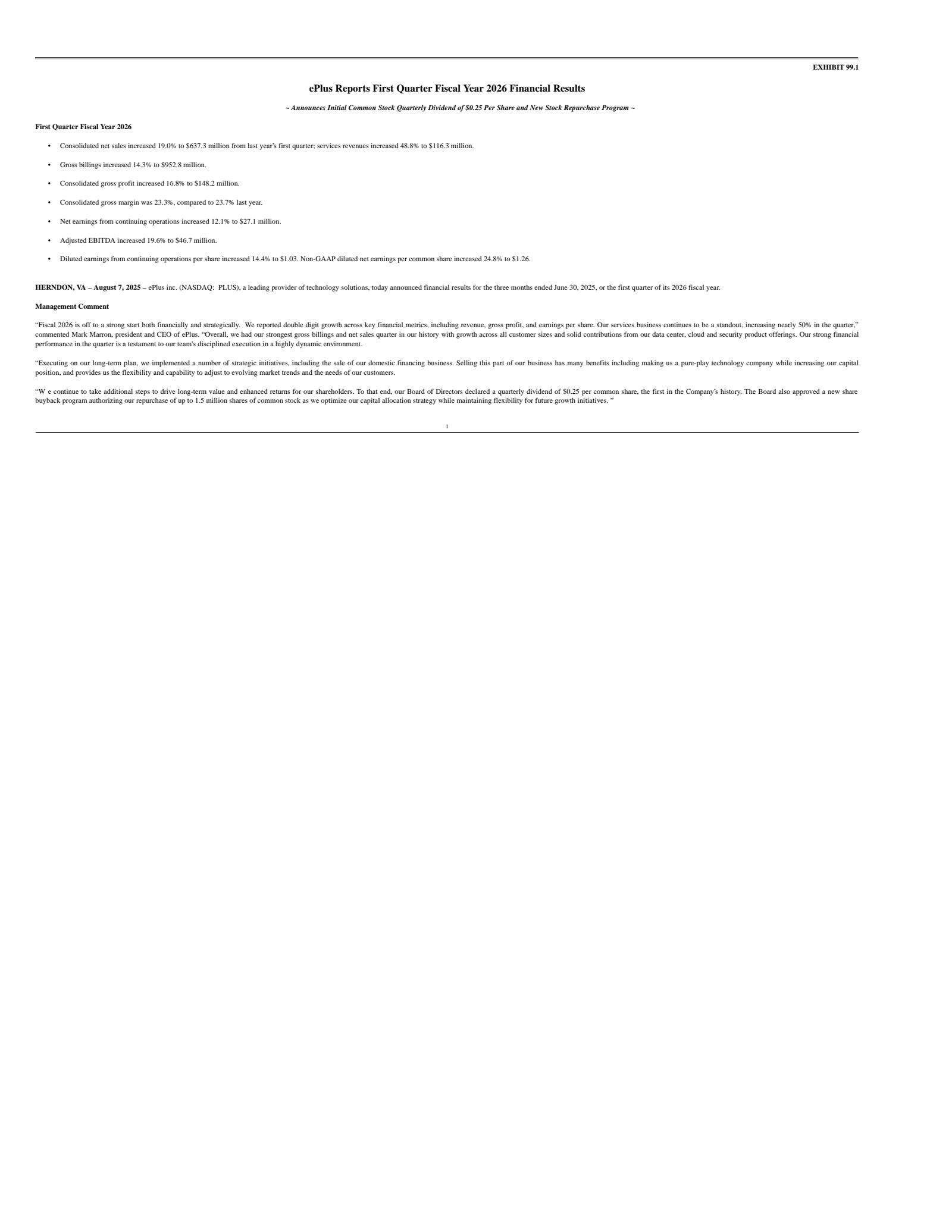 ePlus' Q1 2026 Press Release