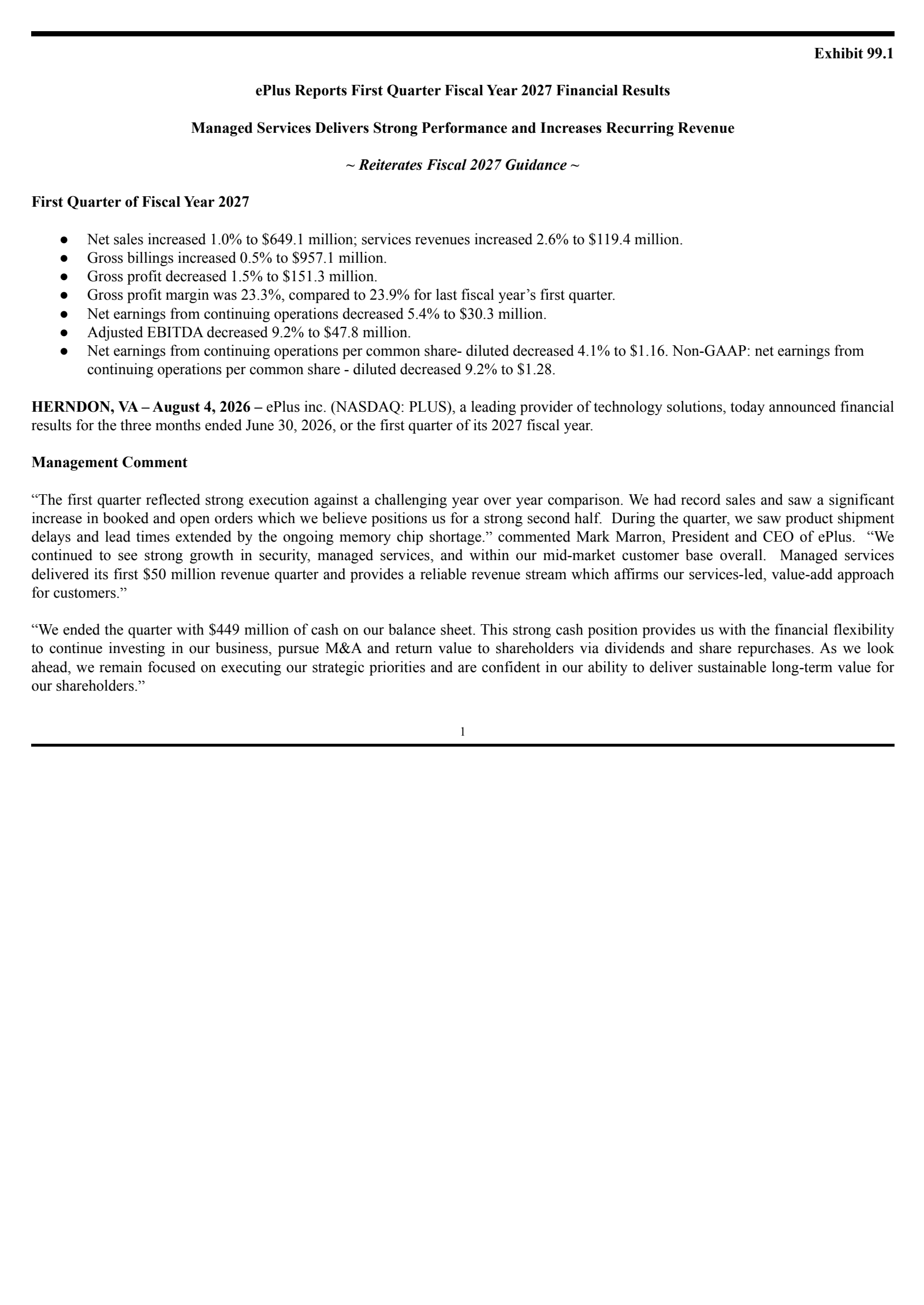 ePlus' Q1 2027 Press Release