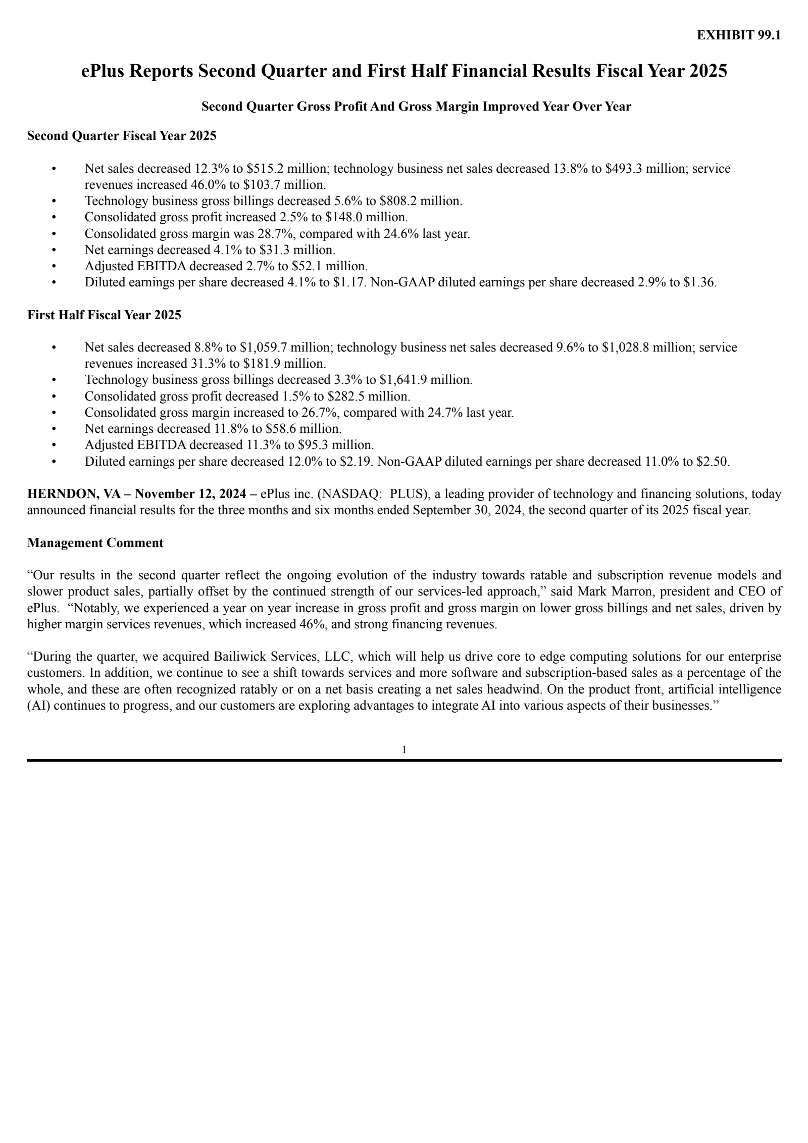 ePlus' Q2 2025 Press Release