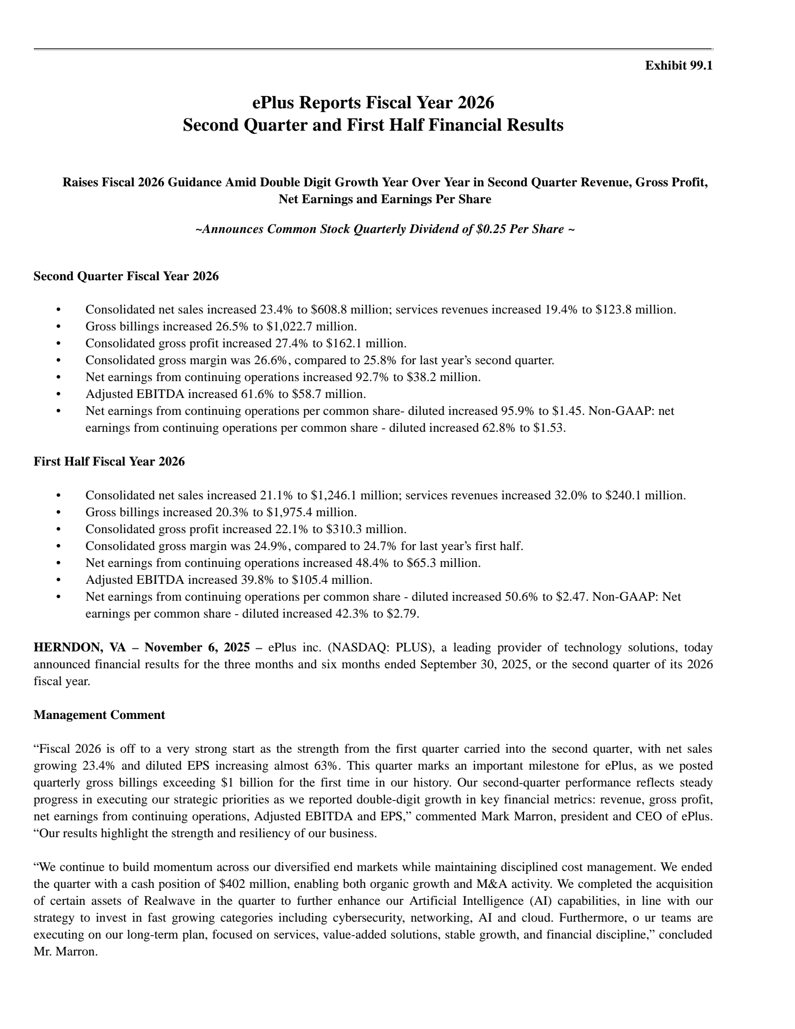 ePlus' Q2 2026 Earnings Release
