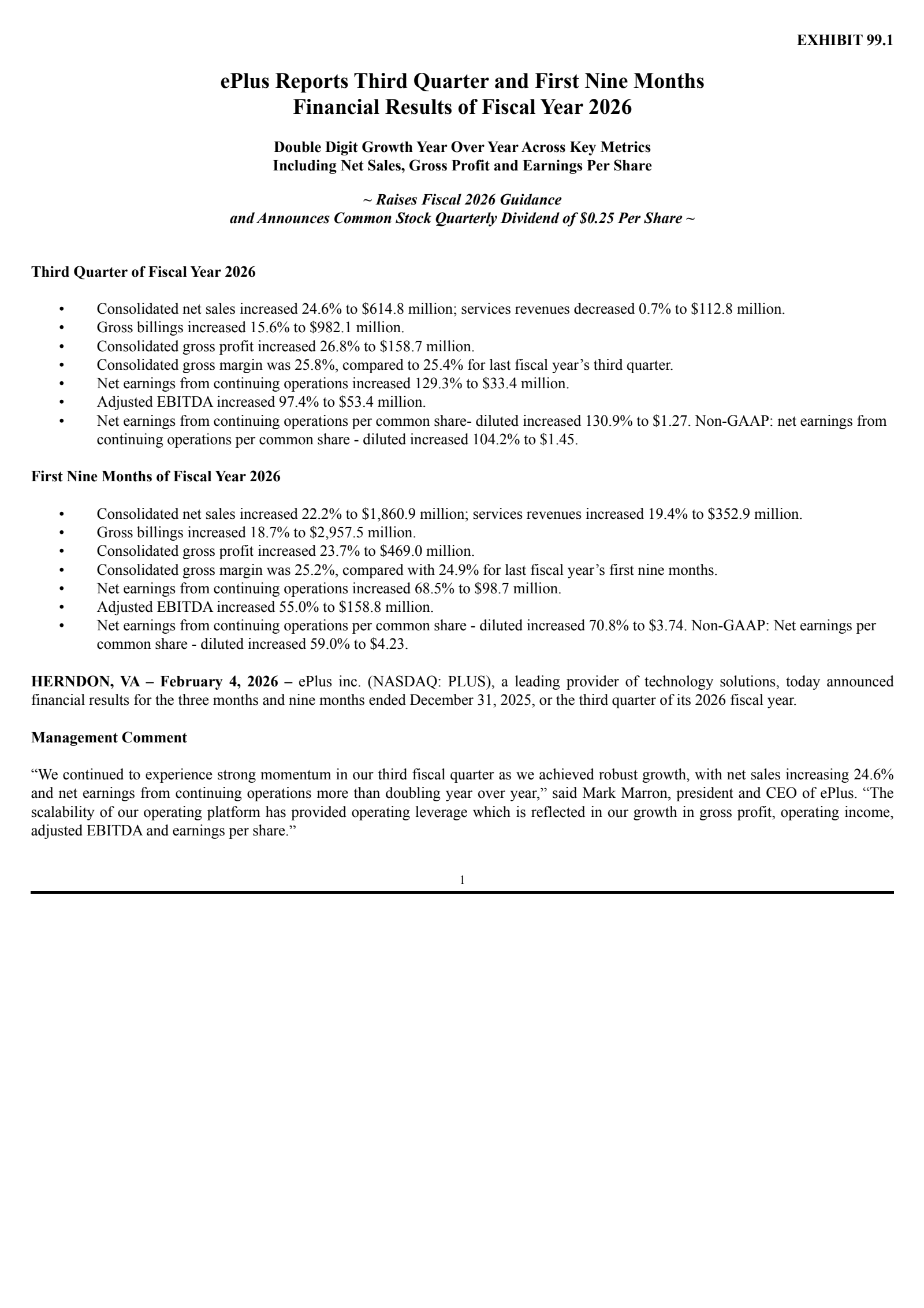ePlus' Q3 2026 Press Release