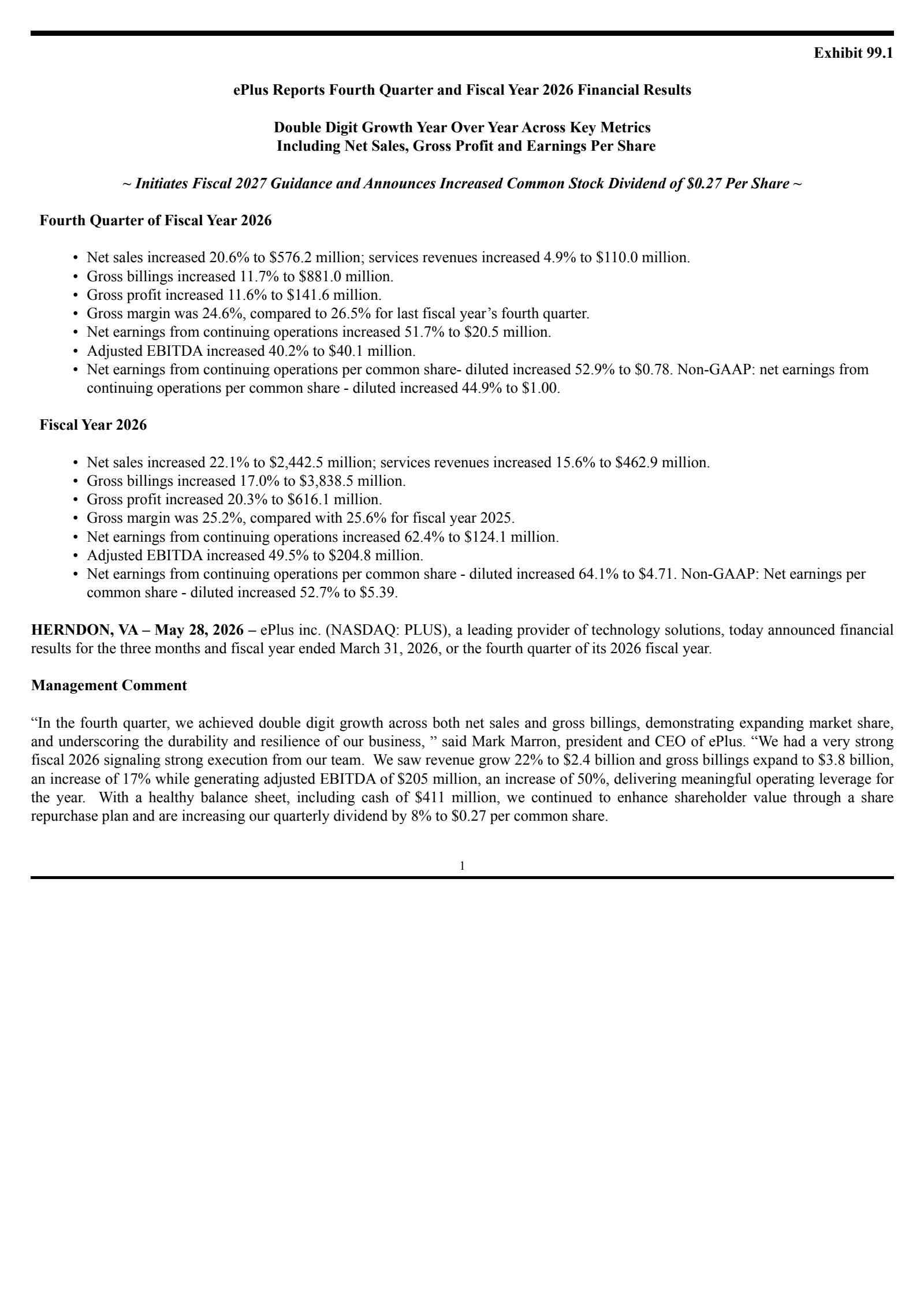ePlus' Q4 2026 Press Release