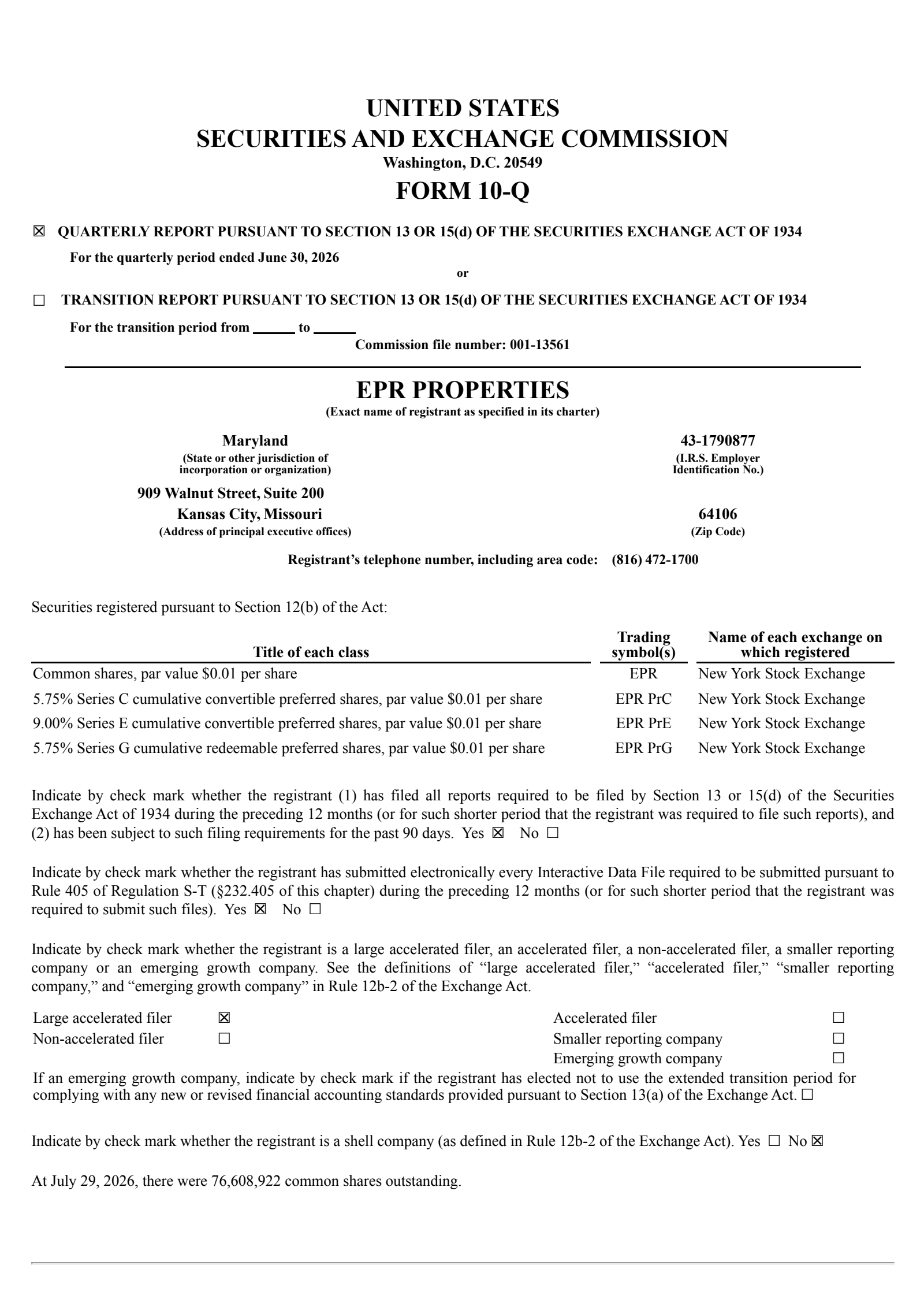 EPR Properties' Q2 2026 Quarterly report