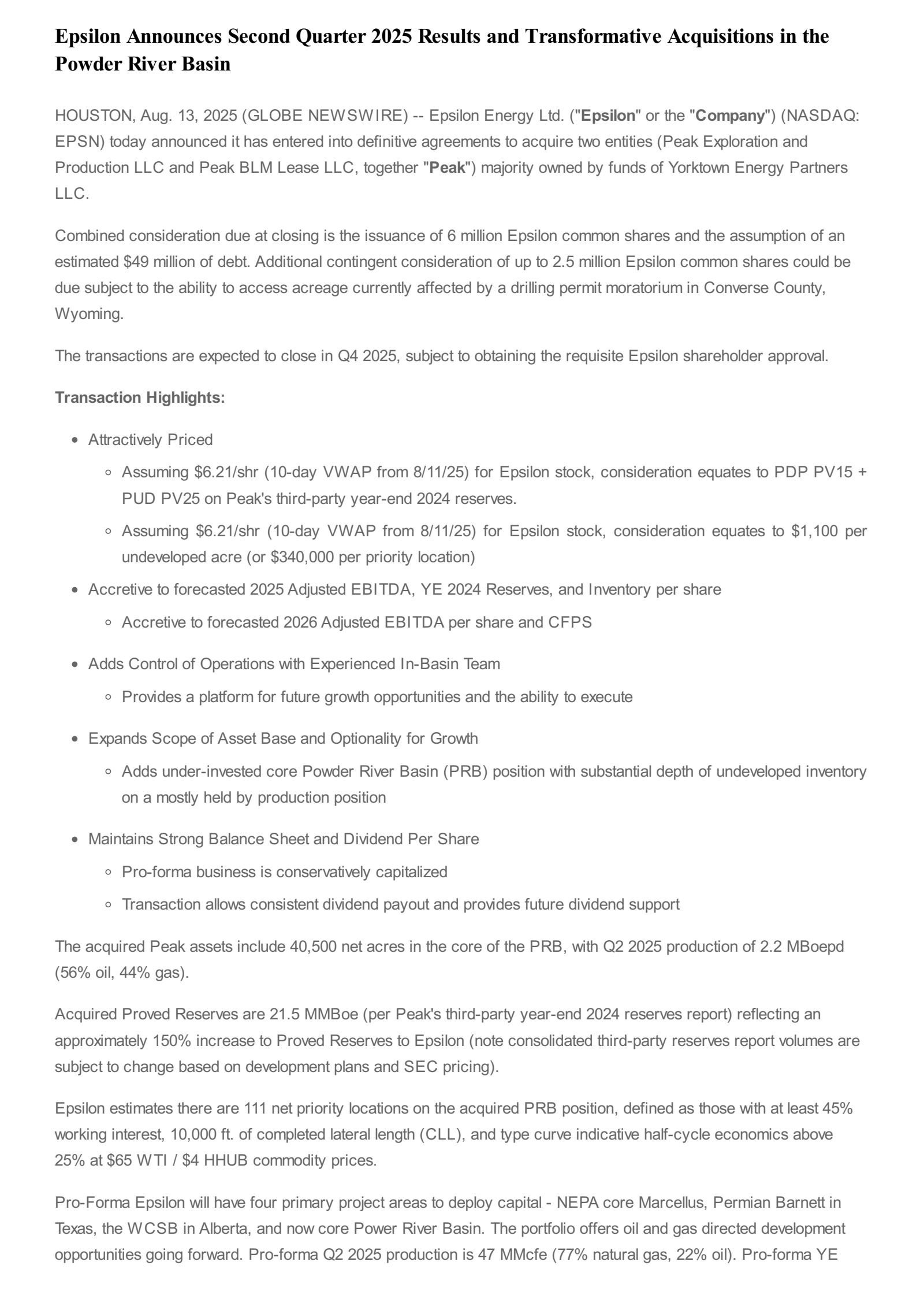 Epsilon Energy's Q2 2025 Press Release
