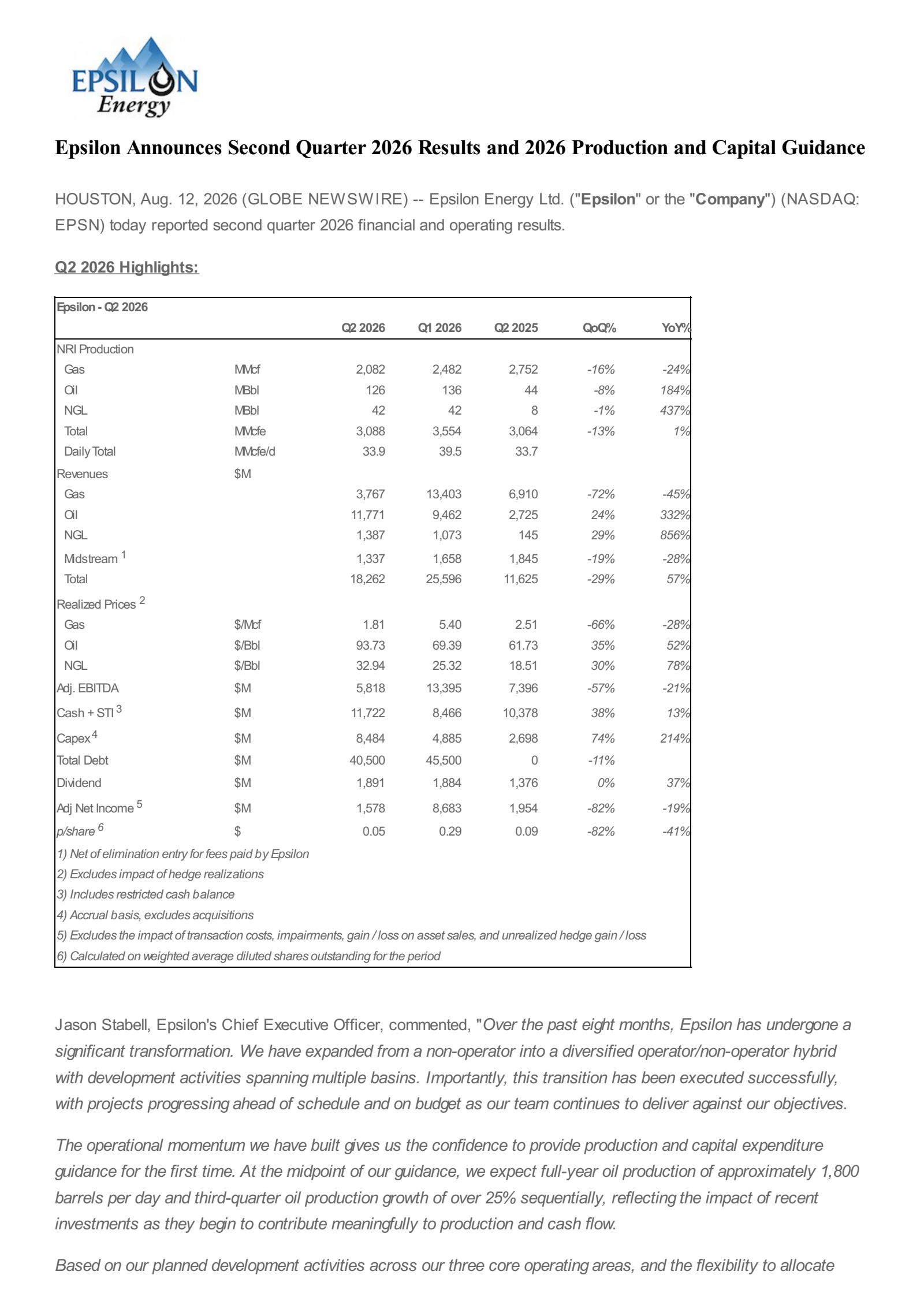 Epsilon Energy's Q2 2026 Press Release