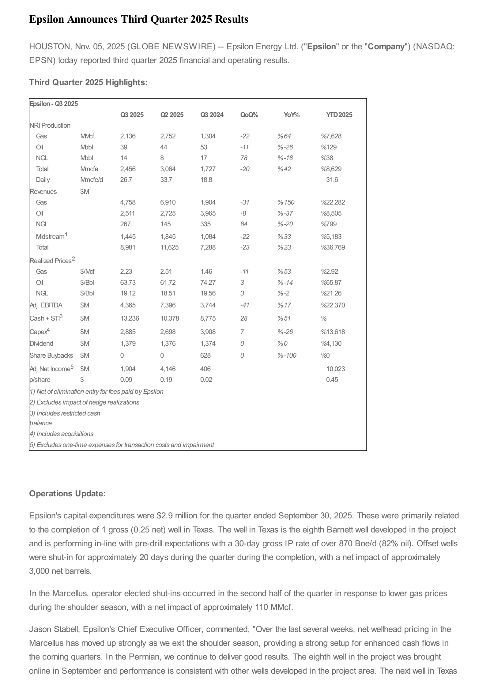 Epsilon Energy's Q3 2025 Earnings Release