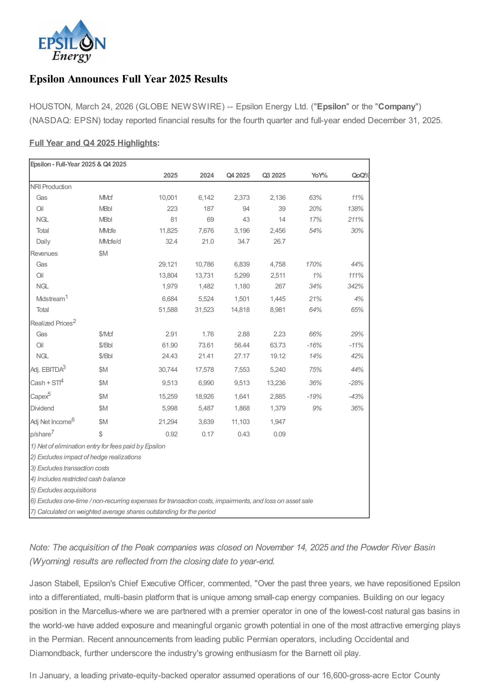 Epsilon Energy's Q4 2025 Press Release