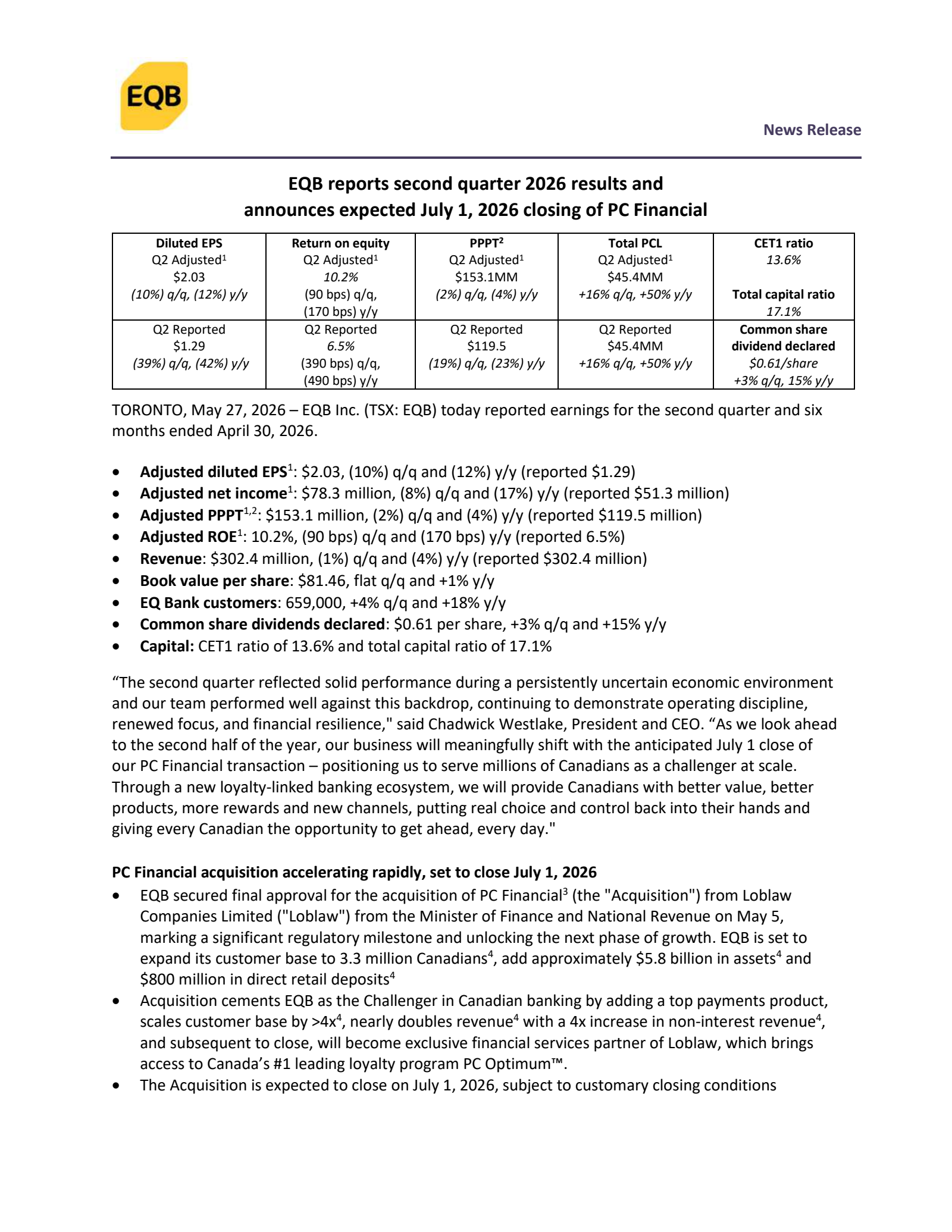 EQB's Q2 2026 Press Release