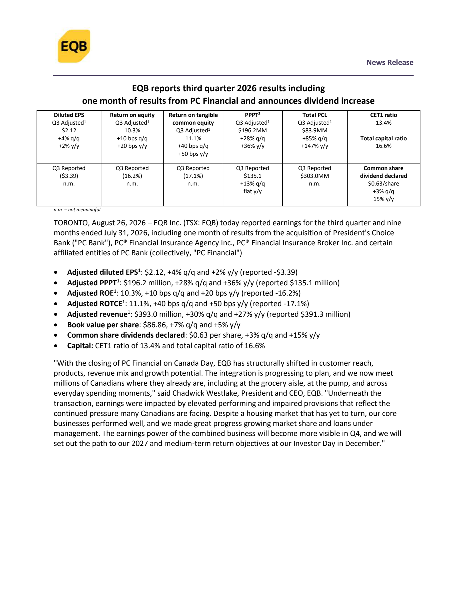 EQB's Q3 2026 Press Release