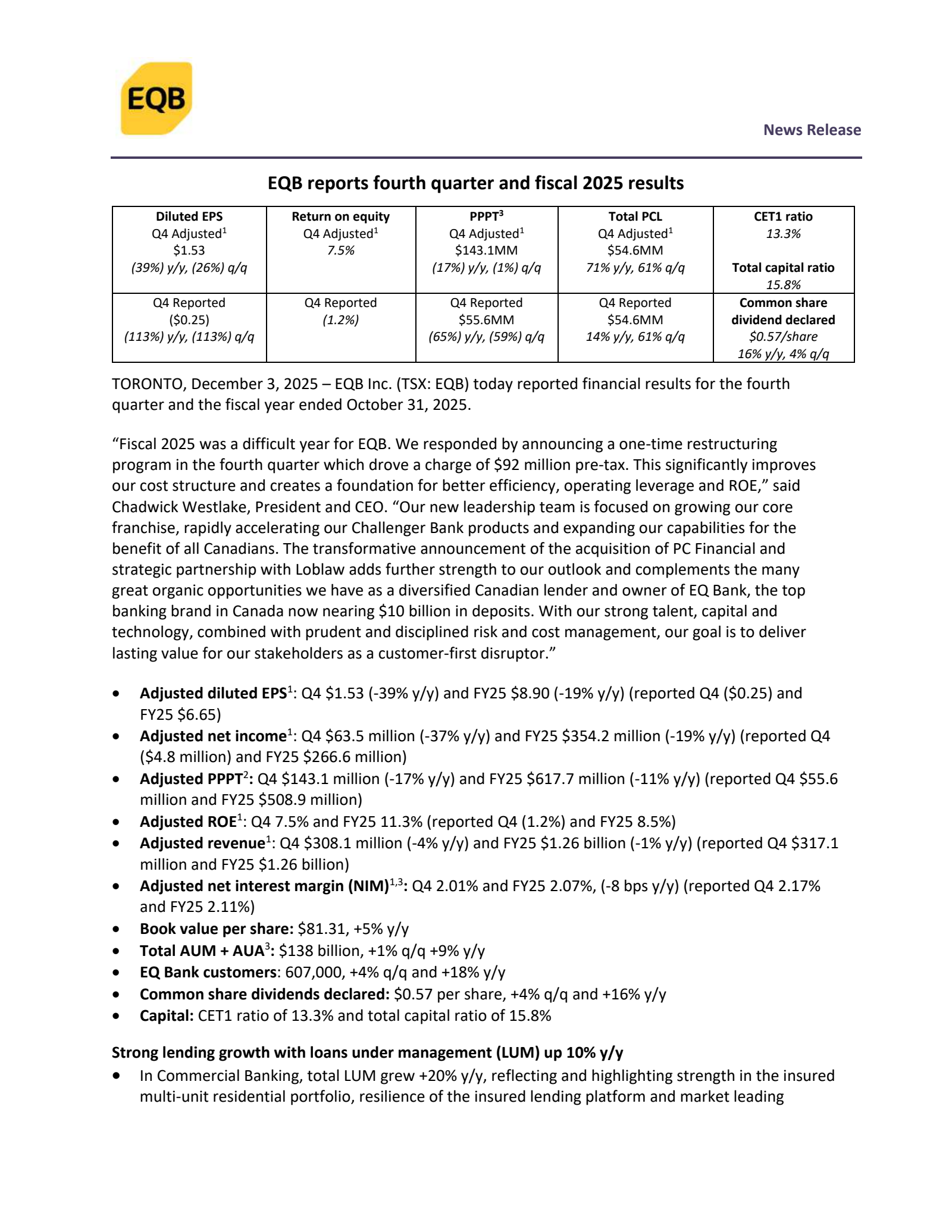 EQB's Q4 2025 Earnings Release
